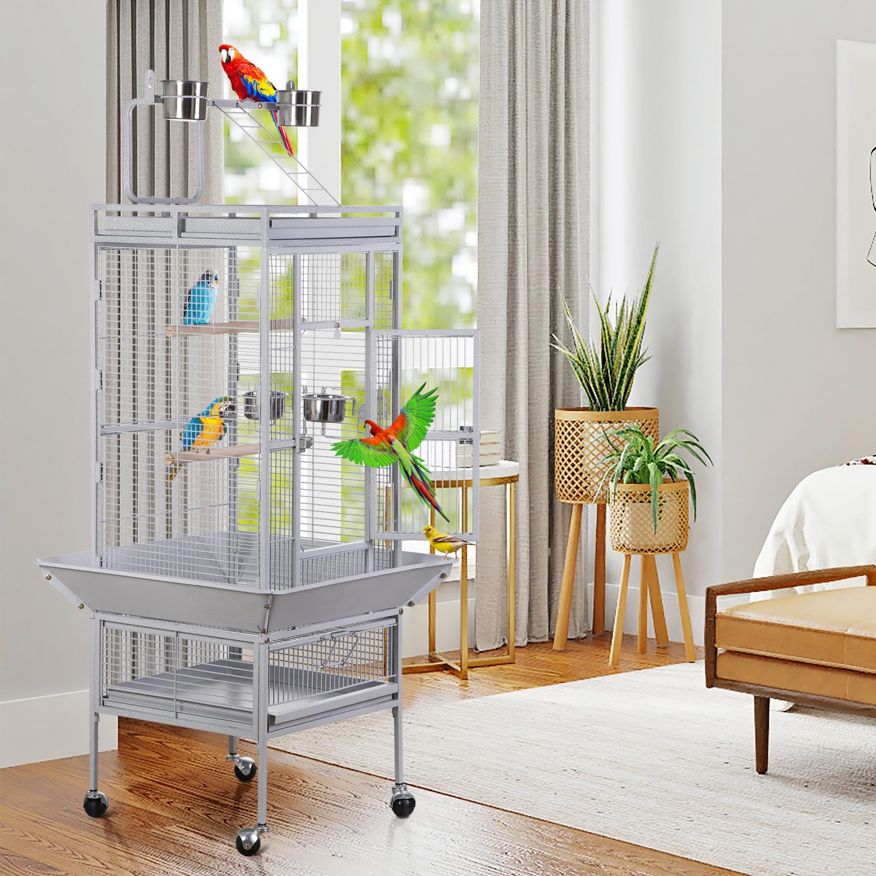 Zeny 61-Inch Large Parrot Cockatiel Bird Cages With Wrought Iron Play Top, Aviary With Rolling Stand For Sun Parakeet Quaker Conure Lovebird Budgie Finch African Grey White Birdcage (White)