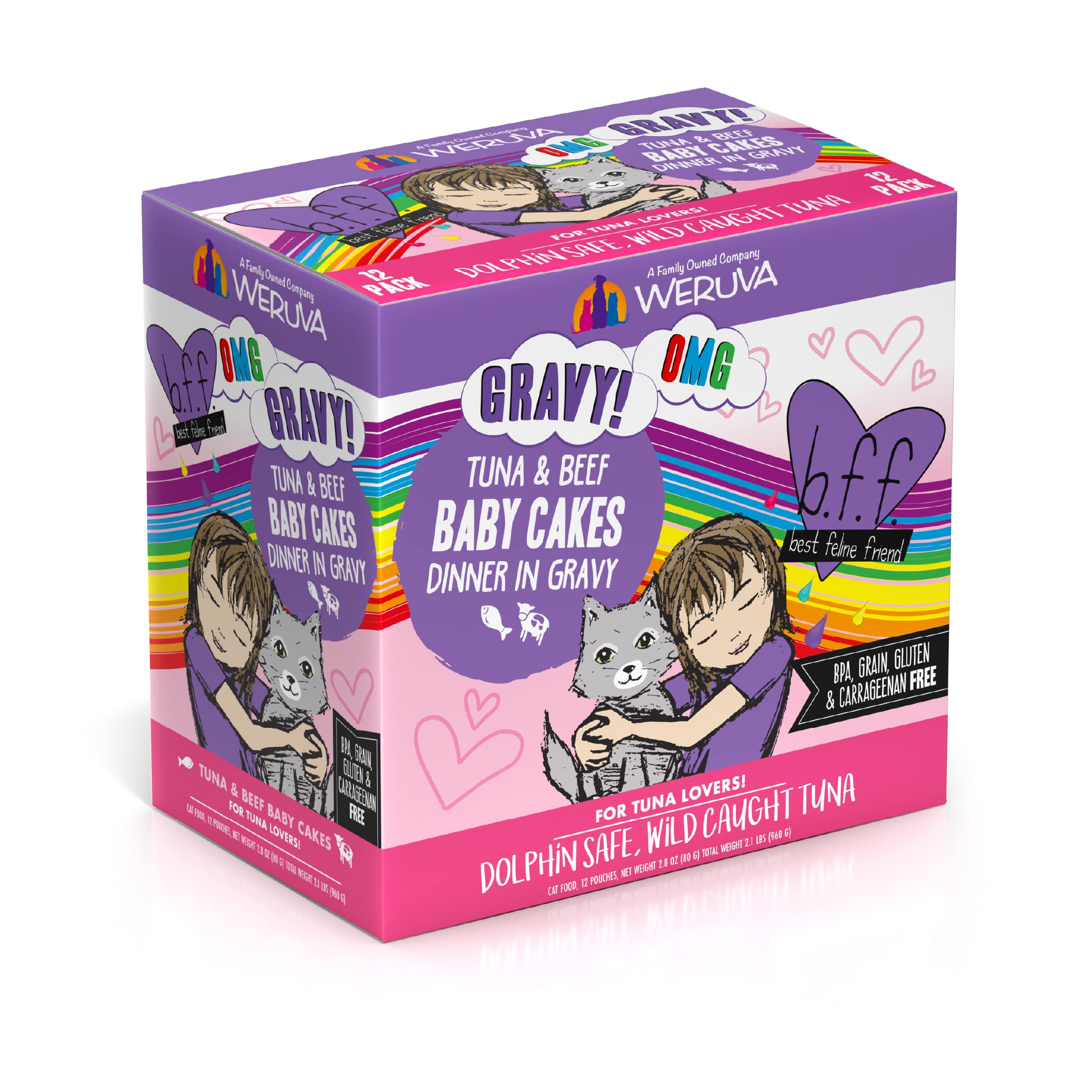Weruva B.F.OMG - Best Feline Friend Oh My Gravy!, Tuna & Beef Baby Cakes with Tuna & Beef in Gravy Cat Food, 3oz Pouch (Pack of