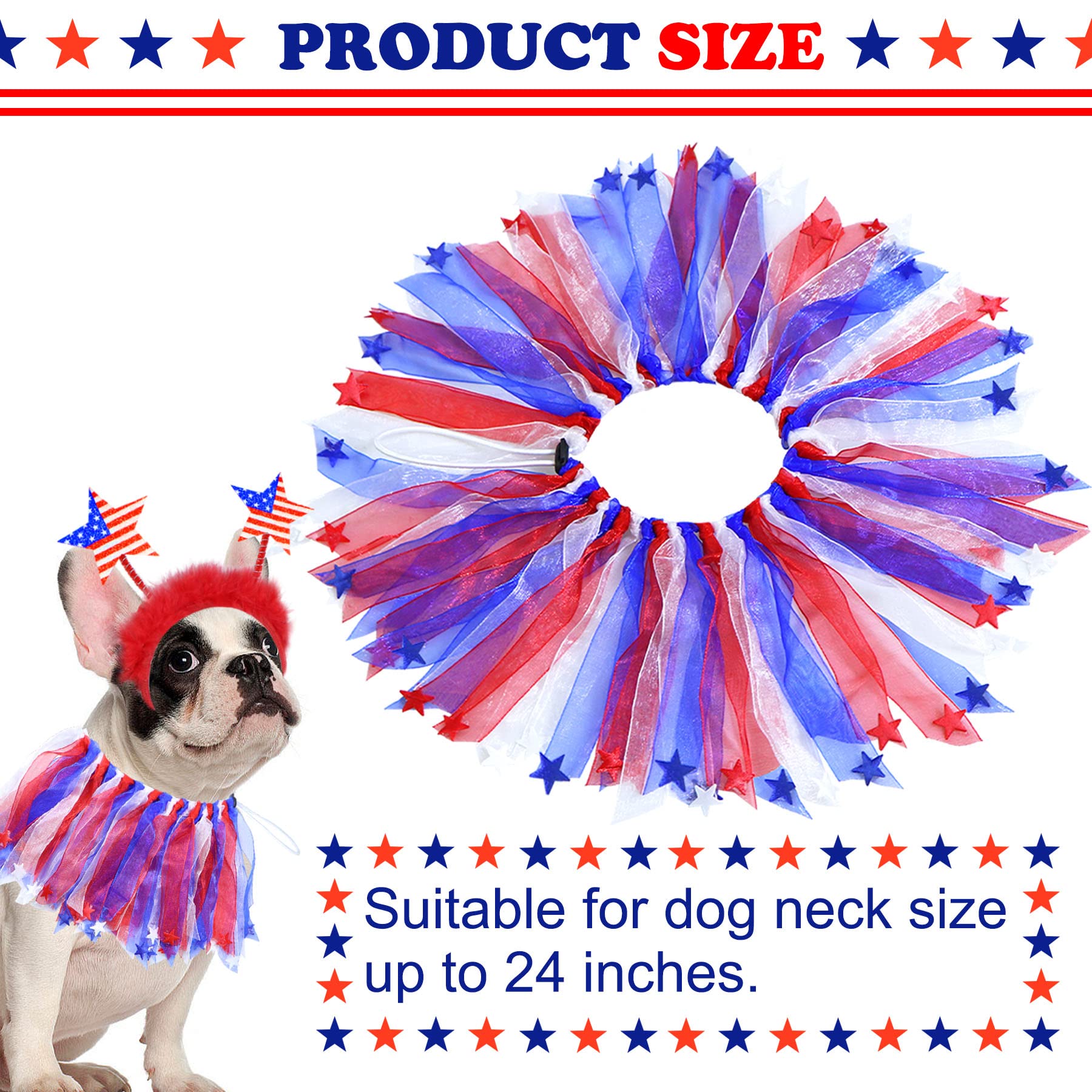 Goyoswa 2 Pcs Dog 4Th Of July Outfit, 4Th Of July Dog Clothes American Flag Star Dog Headband, Dog Collar With Red White And Blu