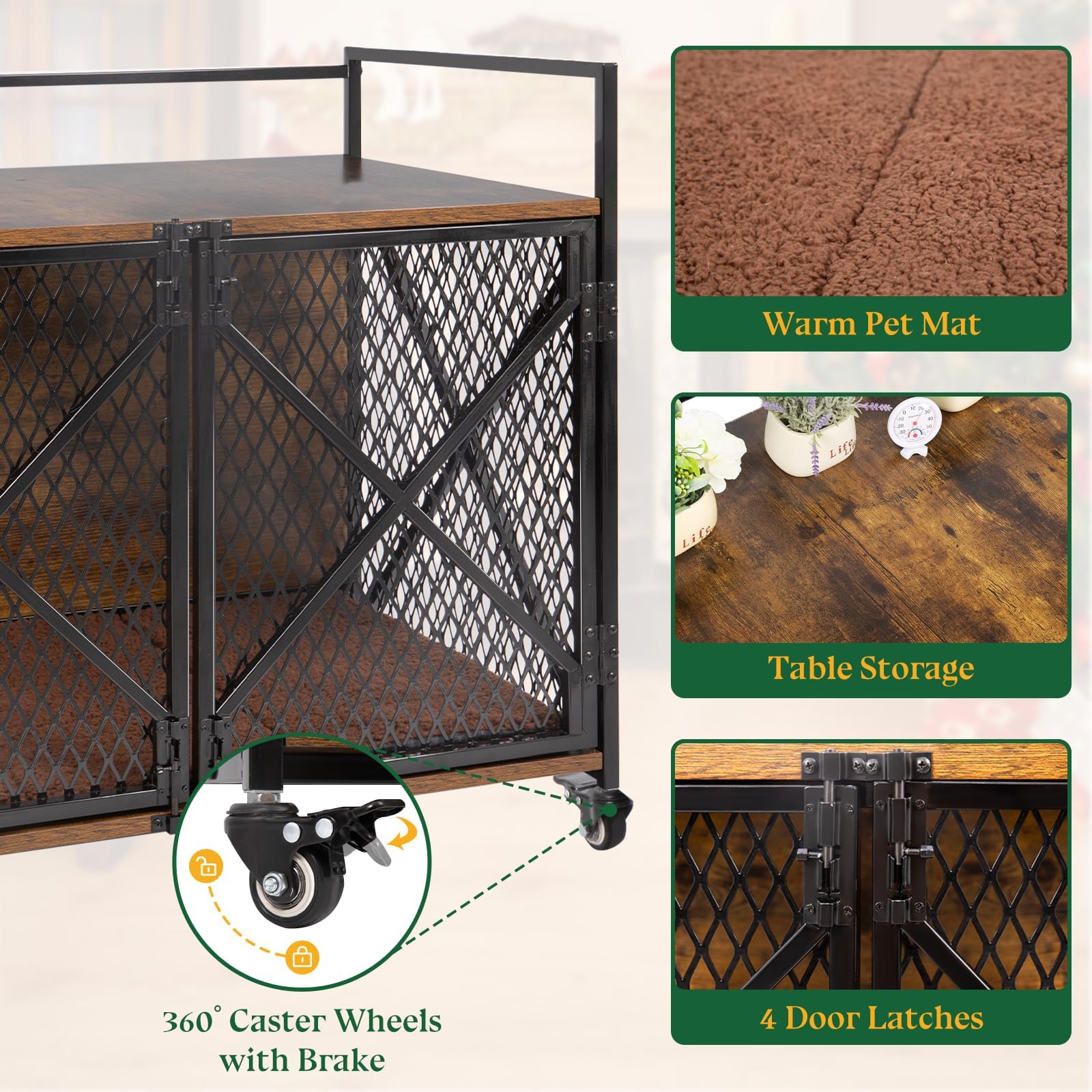41 Dog Crate Furniture, Wooden Dog Crates for Large Medium Dogs, Heavy Duty Dog Kennel Indoor with Lockable Wheels, Furniture