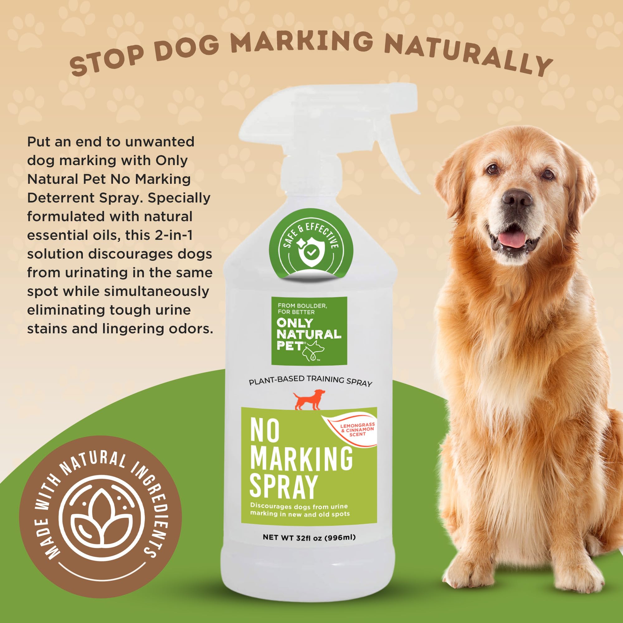 Only Natural Pet No Marking Deterrent Spray For Dogs - Indoor Outdoor Urine Prevention - Stain & Odor Eliminator - Potty Pet Tra