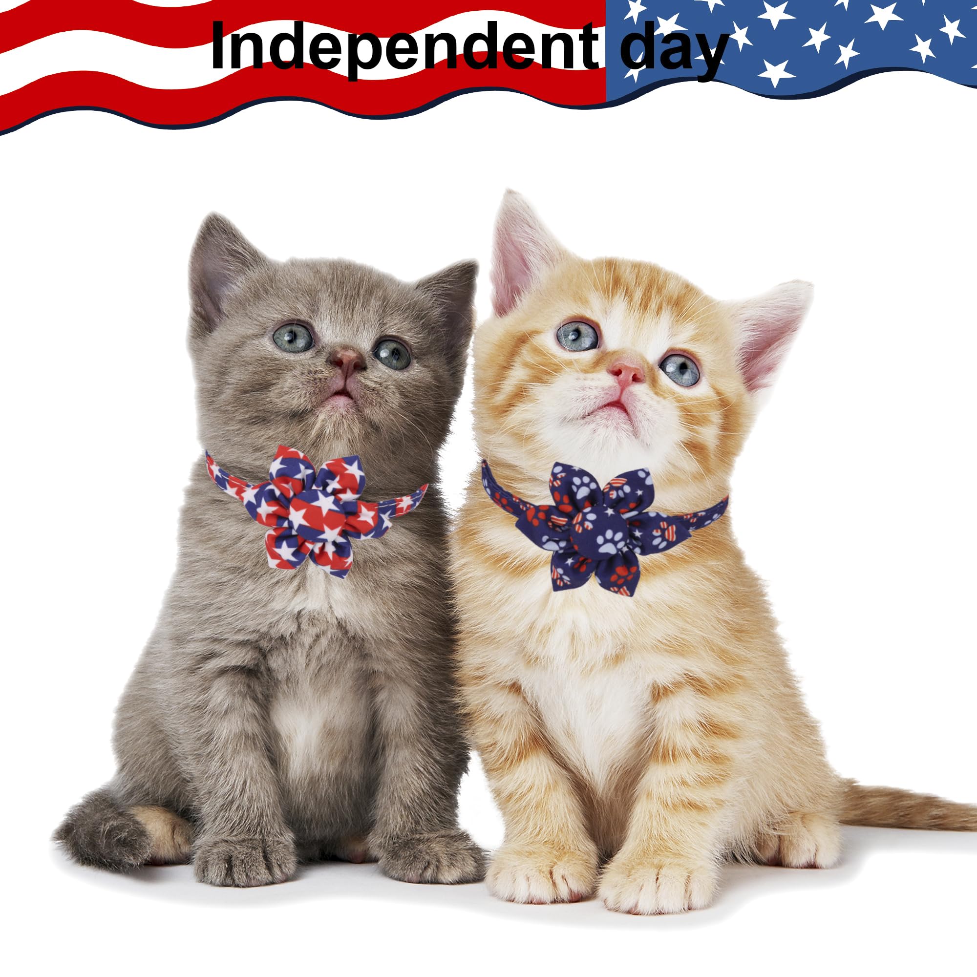Adoggygo American Flag Cat Collars With Removable Flower Bell, Adjustable Red Blue 4Th Of July Flag Pattern Floral Collars For C