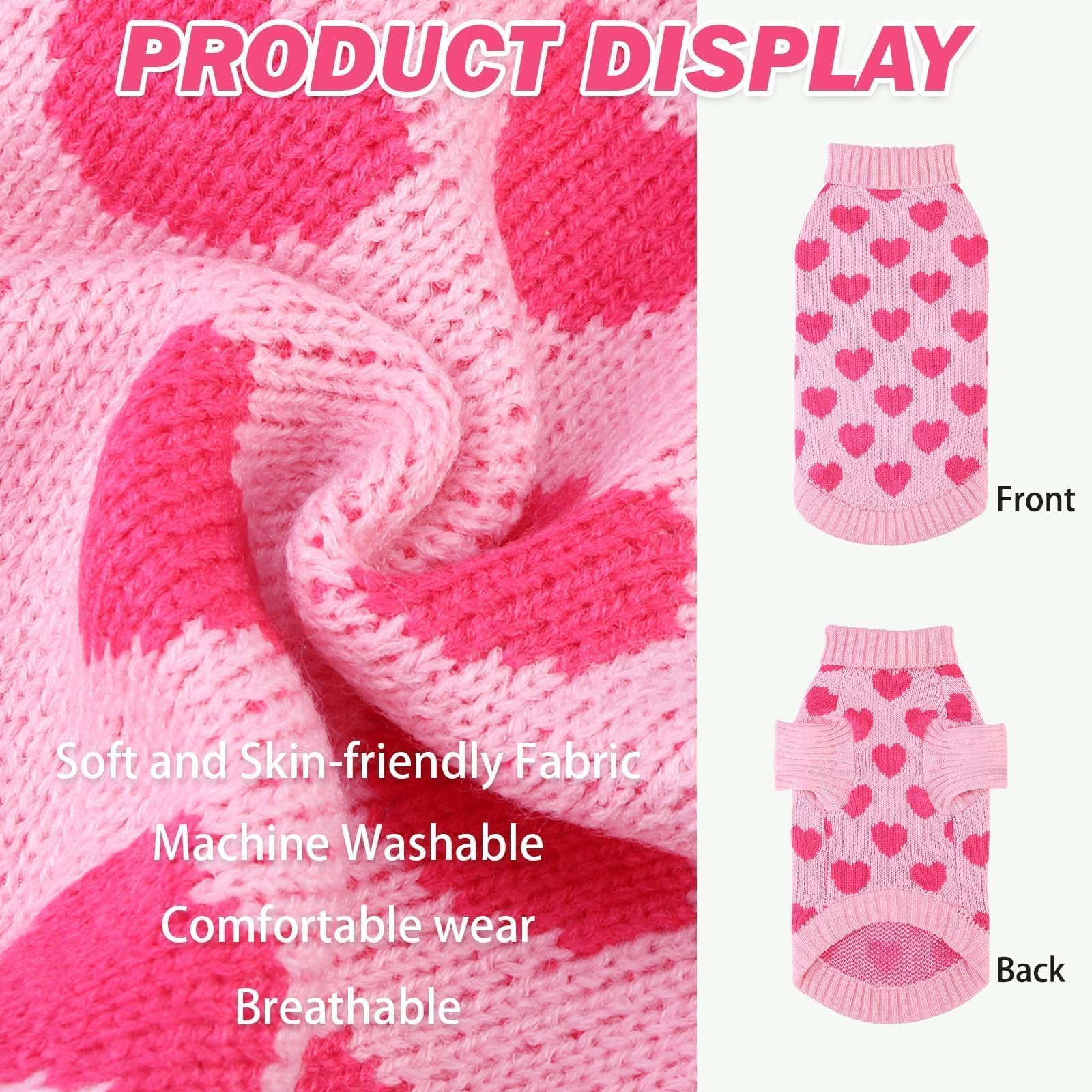 Kooltail Cat Sweater Turtleneck- Soft Pink Knit Cat Sweaters For Cats Only, Heart Love Pattern Thick Warm Cold Weather Clothes,