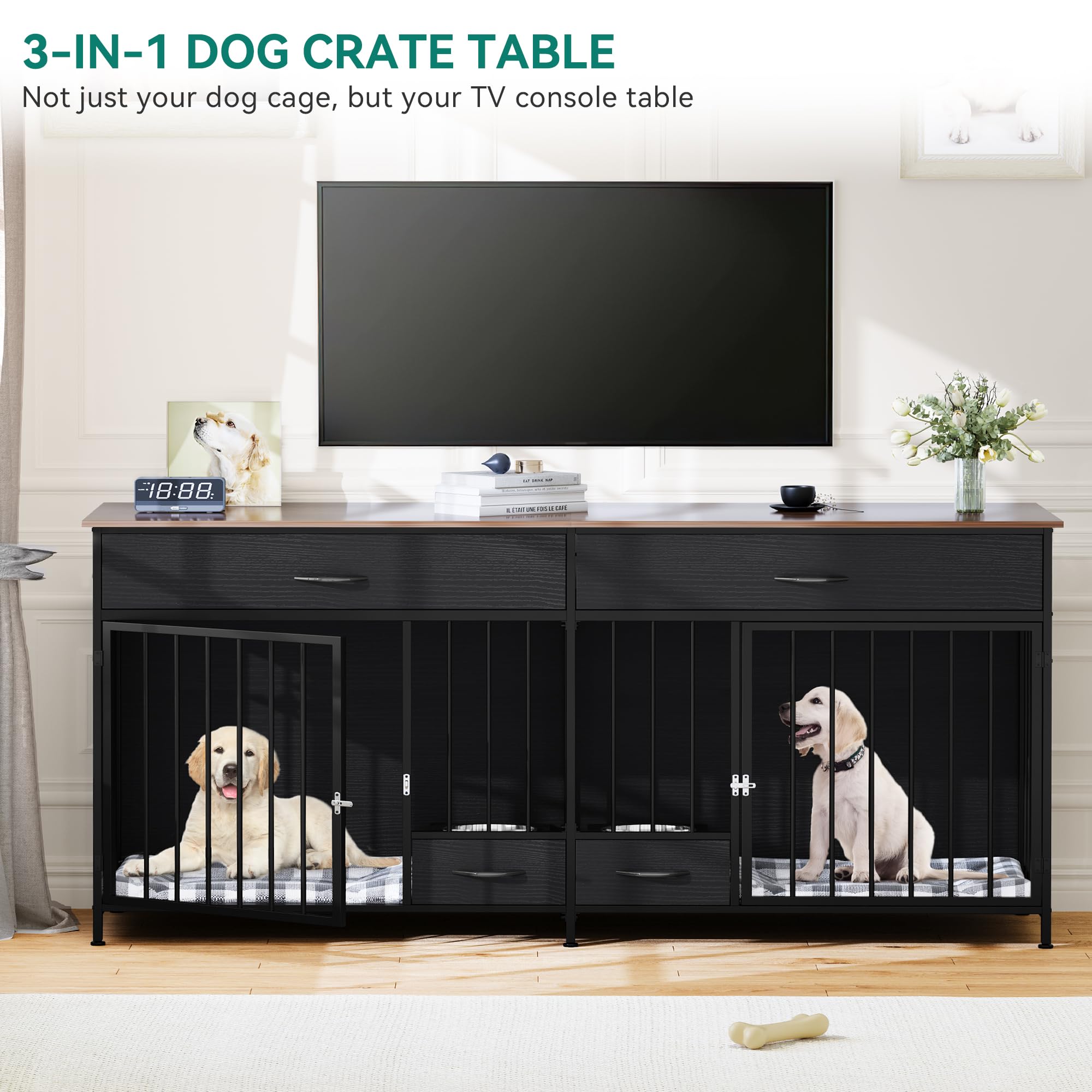 DWVO Double Dog Crate TV Stand, 74.8" Wooden Kennel with Feeder, Black, Storage for 2 Small Medium Dogs, Model MADWVg5Sqe