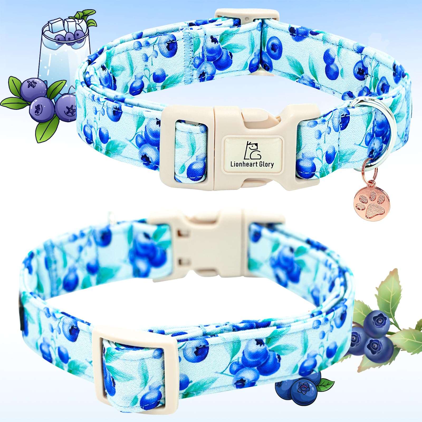 Lionheart Glory Dog Collar Blueberries Print Collar For X-Small Dogs Spring Summer Female Or Male Collars Pet Gift Adjustable He