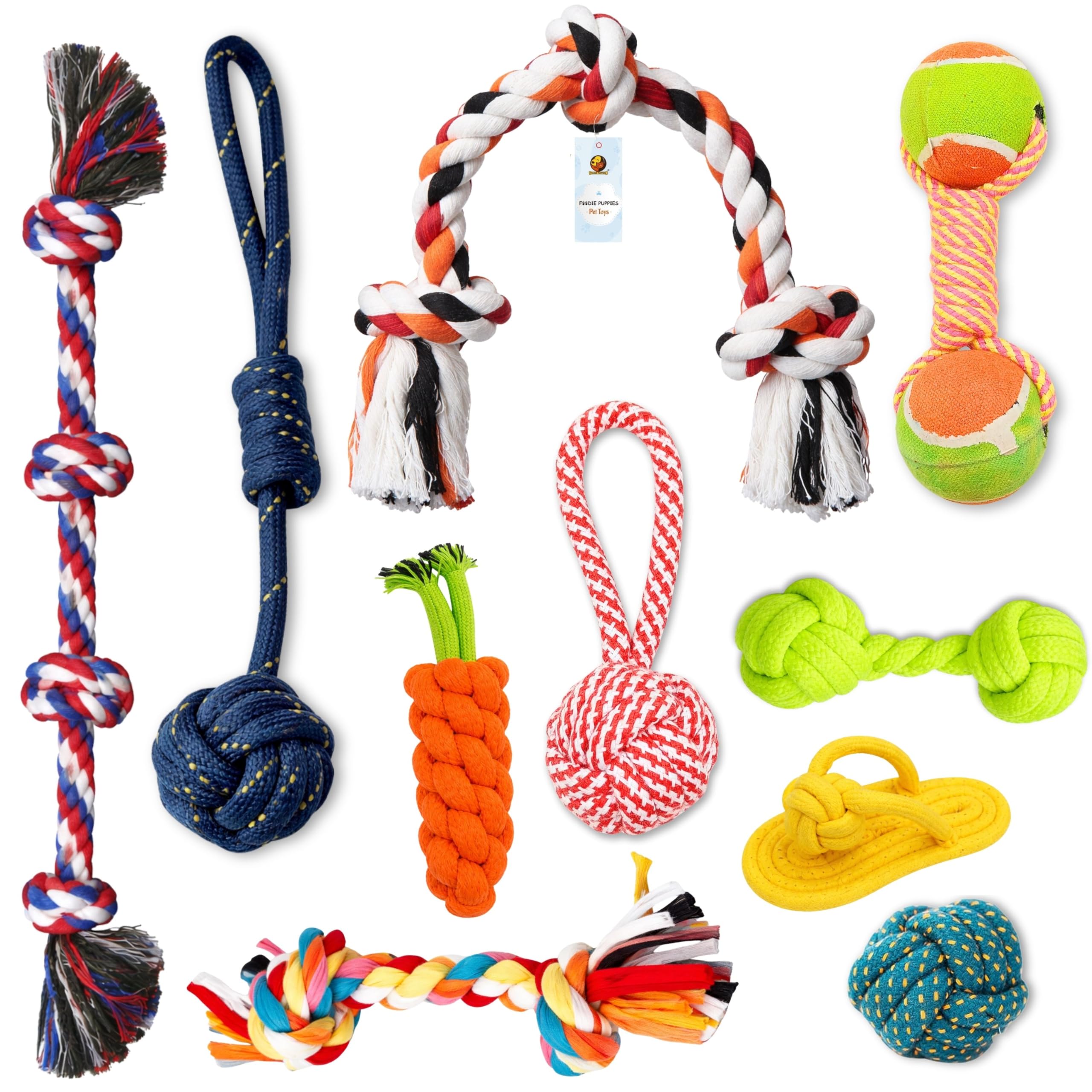 Foodie Puppies 10Pcs Cotton Rope Chew Toy Combo for Dogs  Includes 2Knot, 3Knot, & 4Knots Ropes, Cotton RopeBall, Slipper, 