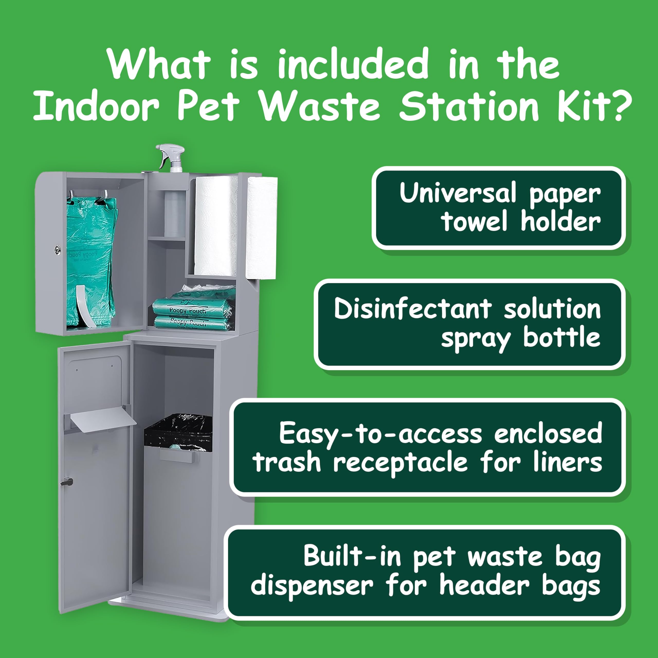 Poopy Pouch Indoor Pet Waste Station - 8Ft Silver Steel Dog Waste Station - Includes A Built-In Dispenser With Lock & Storage, A