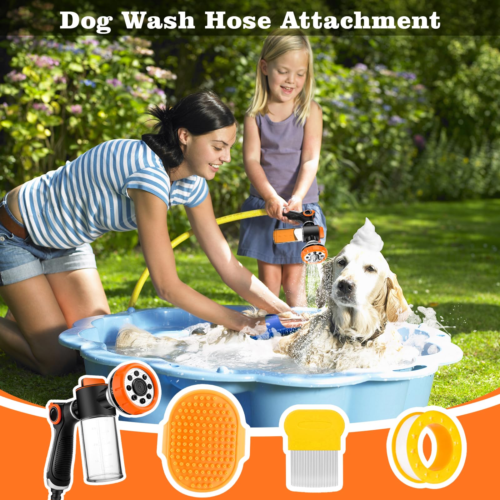 Upgrade Dog Washing Hose Attachment With Soap Dispenser, Dog Bath Hose Attachment With Pet Bath Brush Car Wash Mitt And Dog Comb