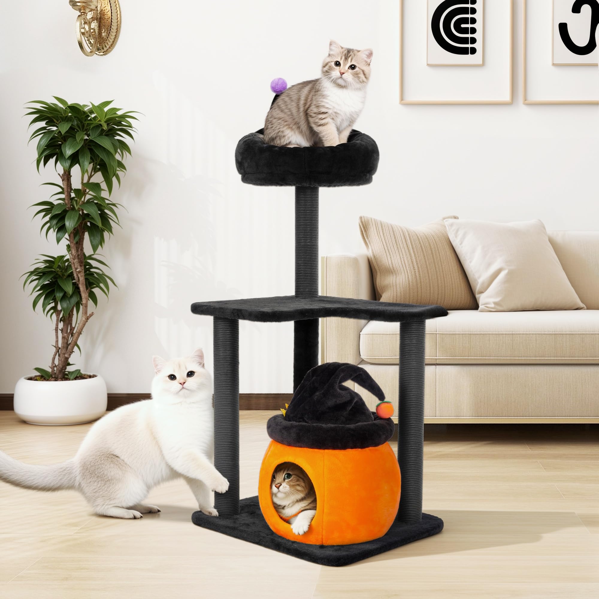 Kamaboko Gothic Cat Tree, 44.8    Black Cat Tower For Indoor Cats With Sisal Scratching Posts, Spacious Cat Condo, Self Groomer,