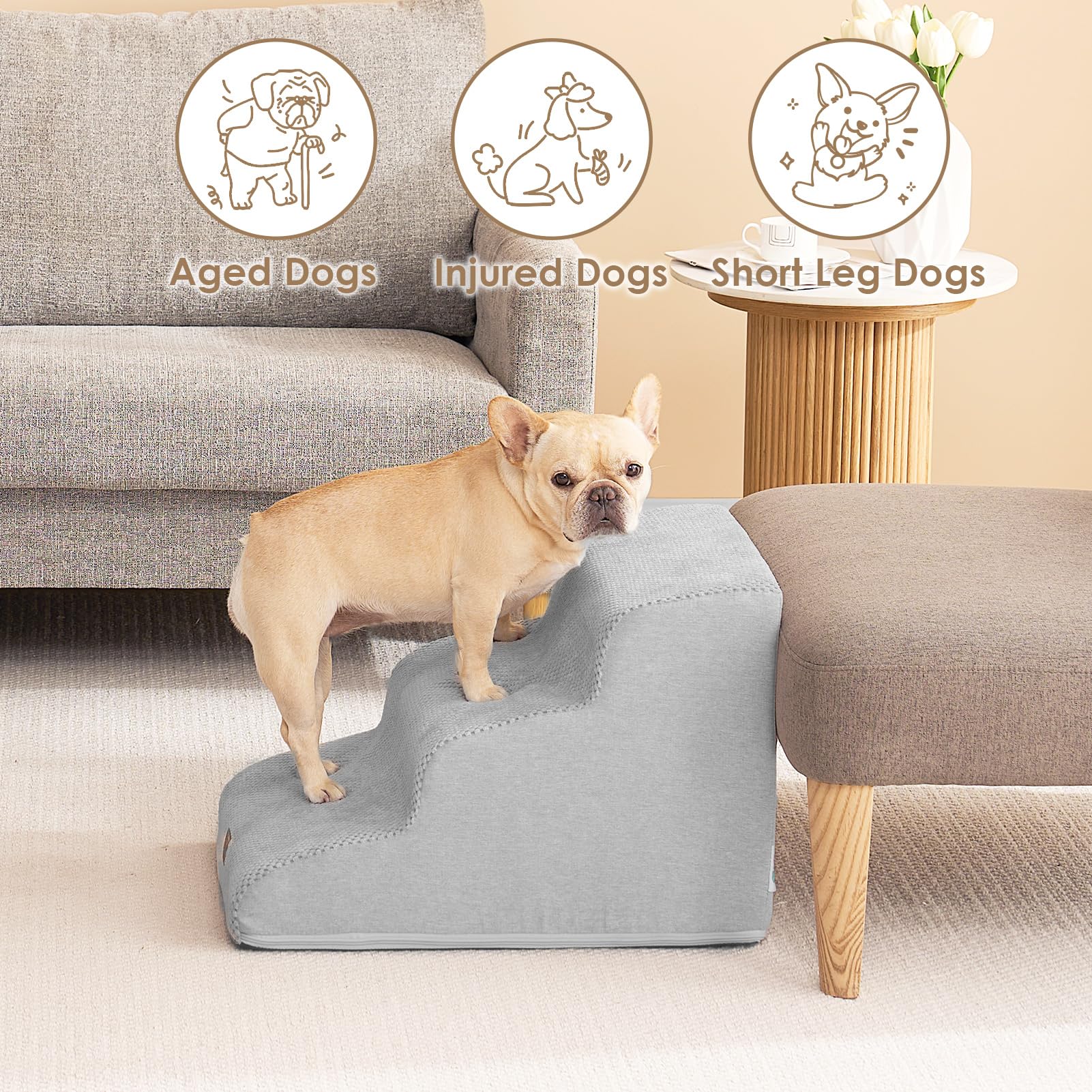 Eheyciga Curved Dog Stairs Ramp For Small Dogs 15.7' H, 3-Step Dog Steps For Couch Sofa And Chair, Pet Stairs For Cats, Non-Slip Balanced Pet Steps Indoor, Light Grey