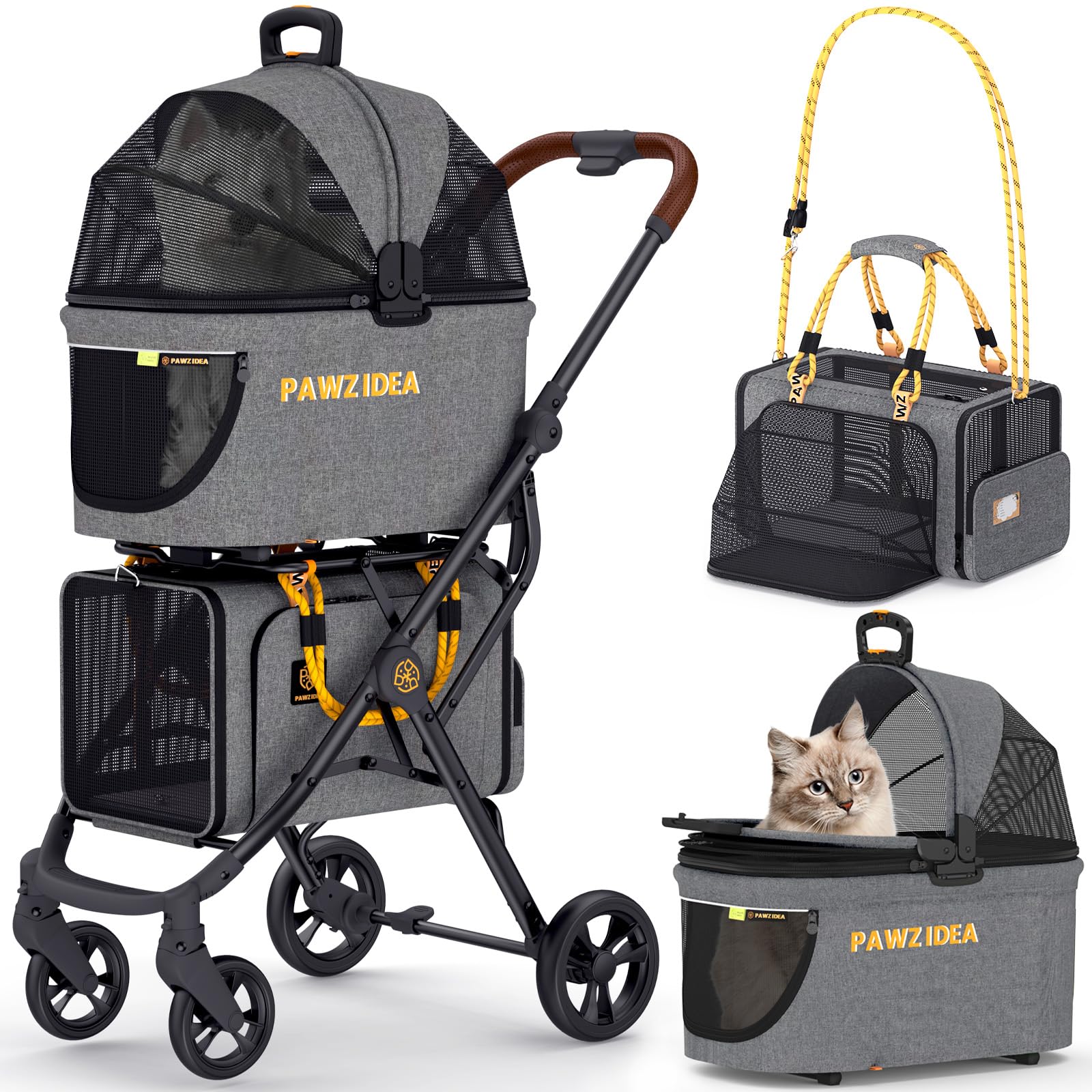 Pawzidea Double Pet Stroller With 2 Detachable Carriers, Airline Approved Cat Carrier Expandable, No-Zip Canopy Pet Travel Car S