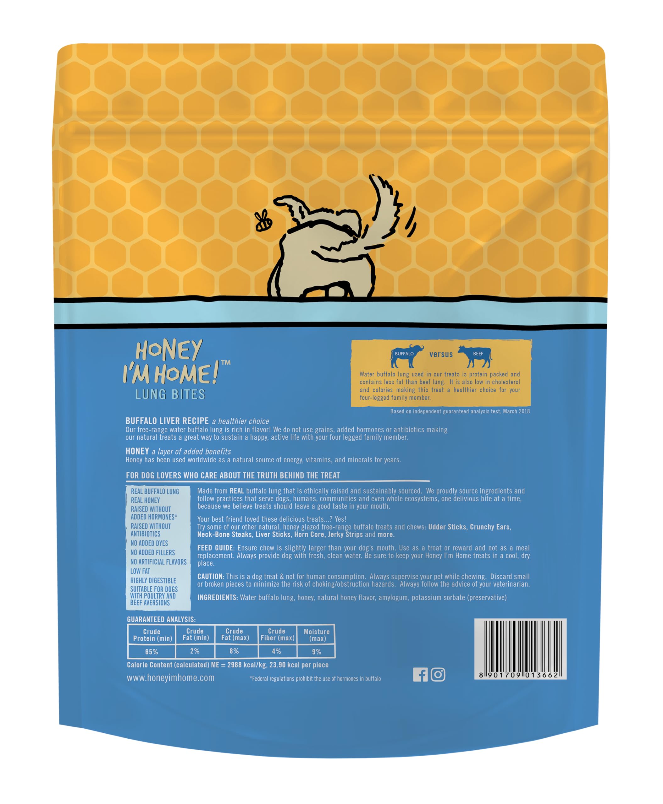 Honey Im Home, Lung Bites Buffalo Dog Treats, 3.1 Ounces - All Natural, Free Range, Healthy, Grain Free, Honey Coated & Crispy