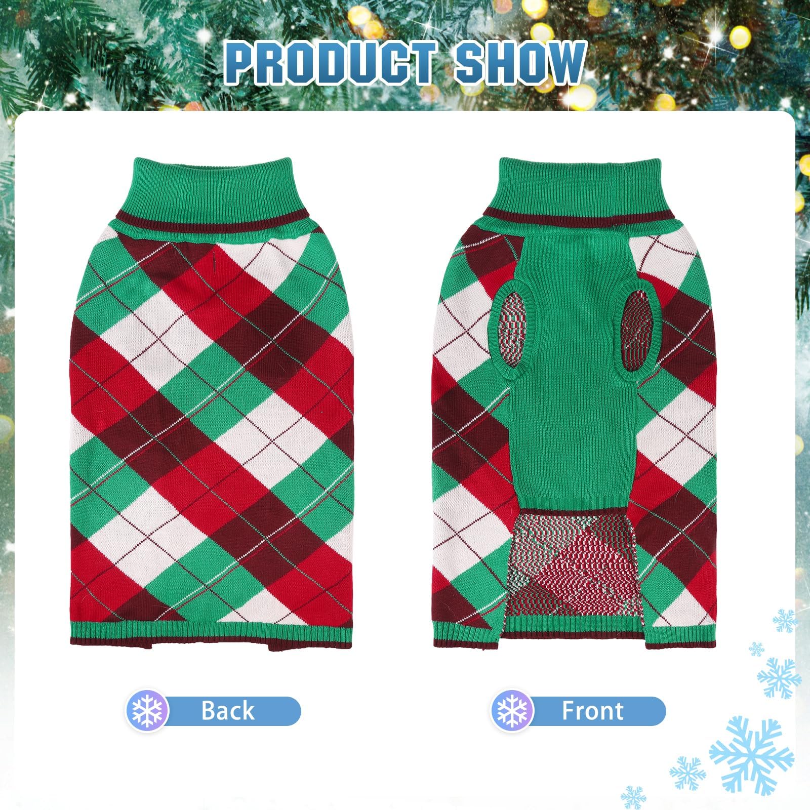 KOOLTAIL Dog Sweater Pet Knitted Clothes-Classic Plaid Pullover Turtleneck Fleece Dog Christmas Sweaters with Leash Hole, Thick