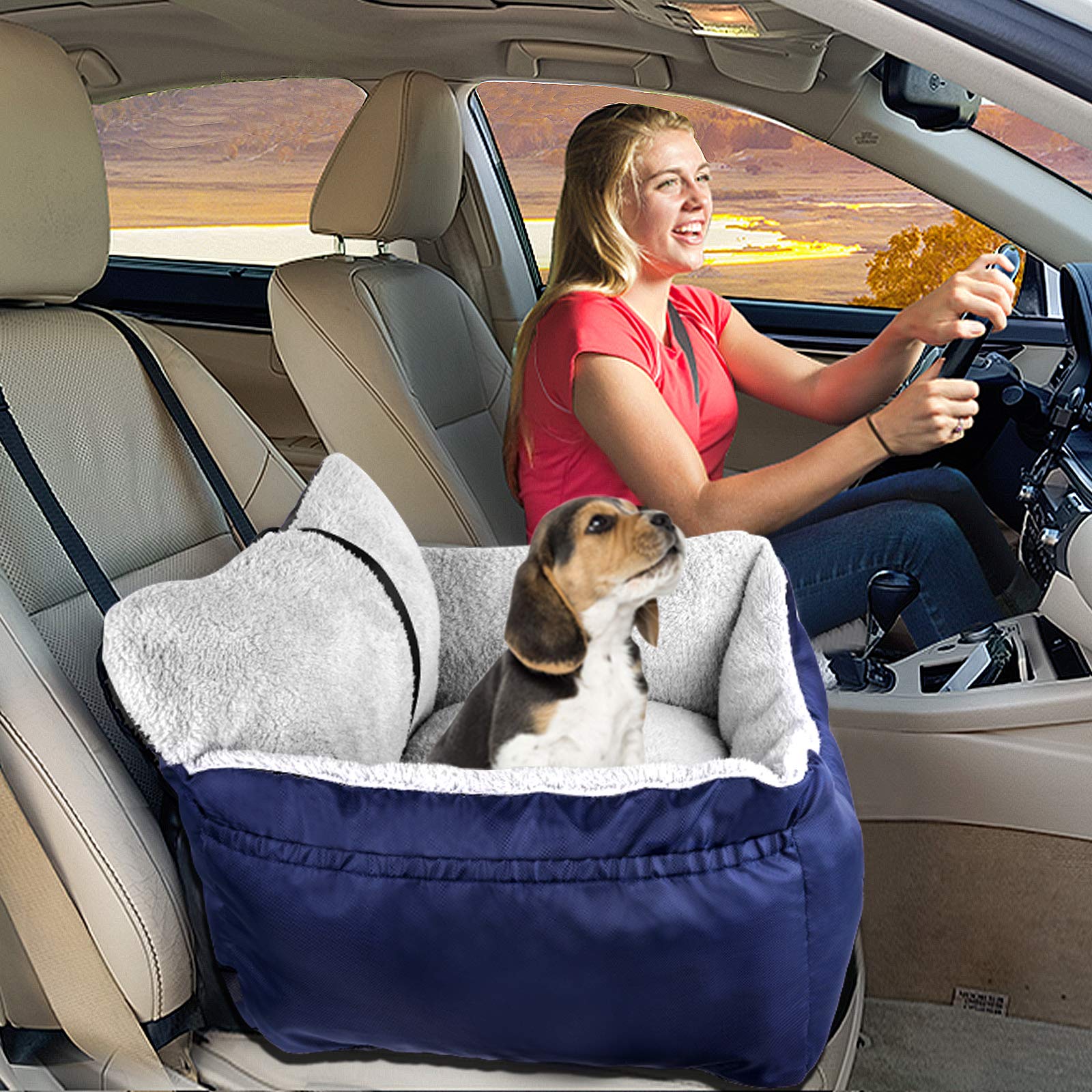 Burgeonnest Dog Car Seat For Small Dogs, Fully Detachable And Washable Cat Carseats Under 25 Lbs, Soft Pet Booster Seats With Storage Pockets And Clip-On Leash Portable Car Travel Carrier Bed, Blue