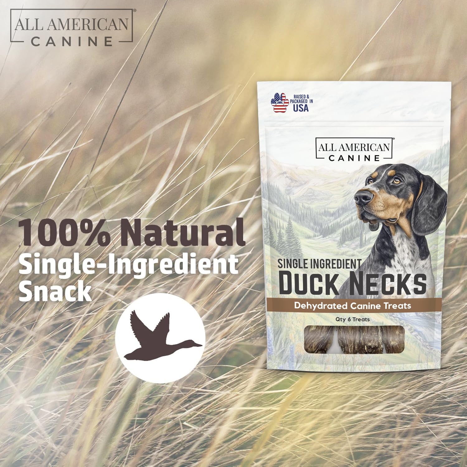 All American Canine 6 Natural Duck Neck Dog Treats - Single Ingredient, Dehydrated & Chewy - Low-Fat, High-Protein Training Rewa