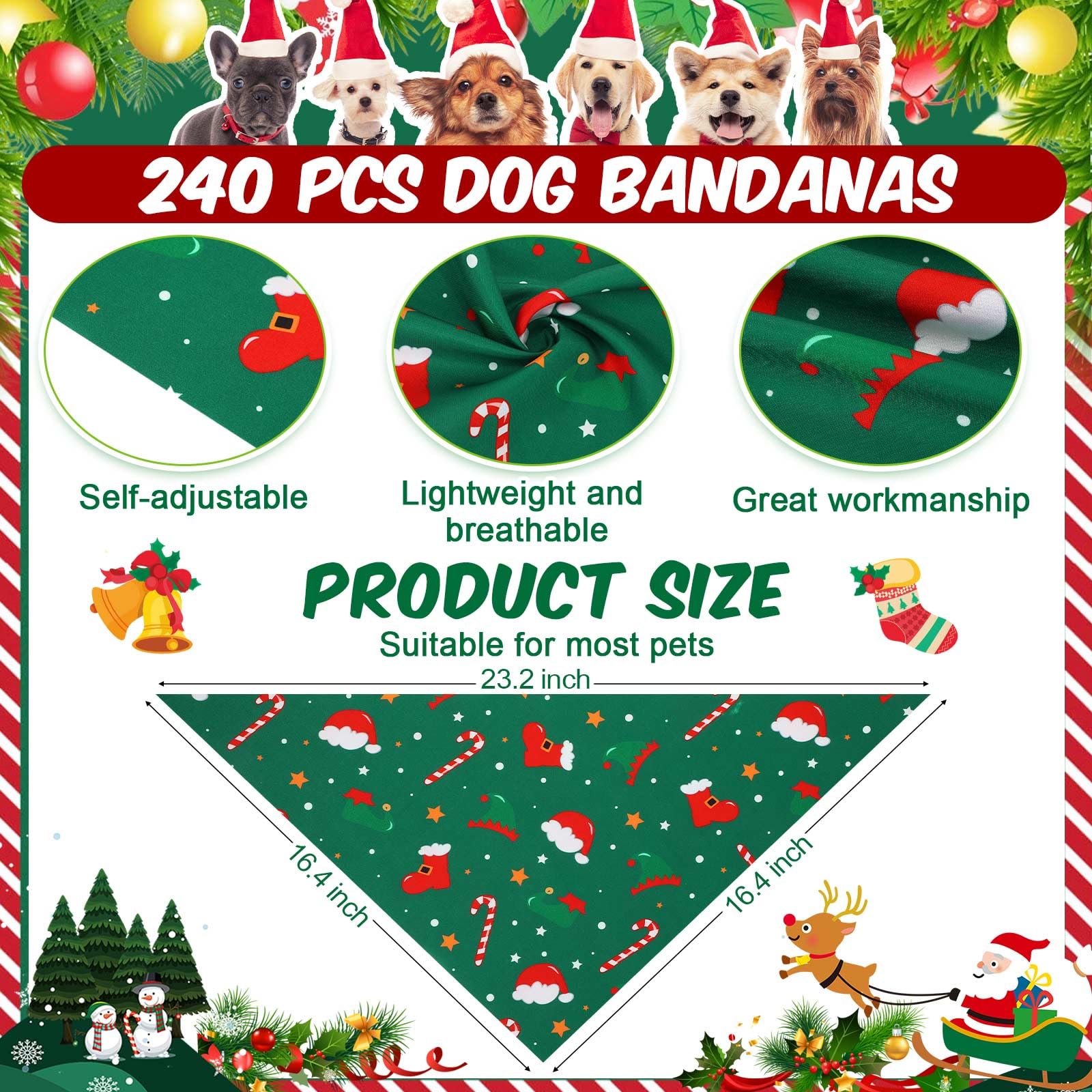 Aliceset 240 Pcs Christmas Dog Bandana Bulks Red Green Xmas Tree Santa Hat Snowflake Patterns Dog Kerchief Set Bibs Triangle Pet