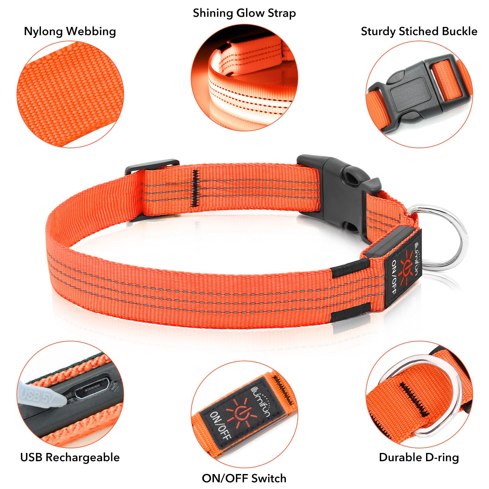Illumifun Led Dog Collar Usb Rechargeable Light Up Dog Collar, Reflective Pet Safety Collar Light Glow In The Dark (Orange?, Med