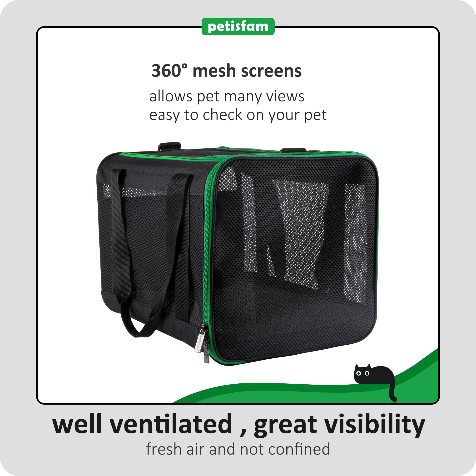 Petisfam Soft Pet Carrier Bag For Easy Travel With Medium, Large Cats, 2 Kitties And Small Dogs. Easy To Get Cat In. Easy Vet Visit. Easy Storage. Black W/Green Trim, L