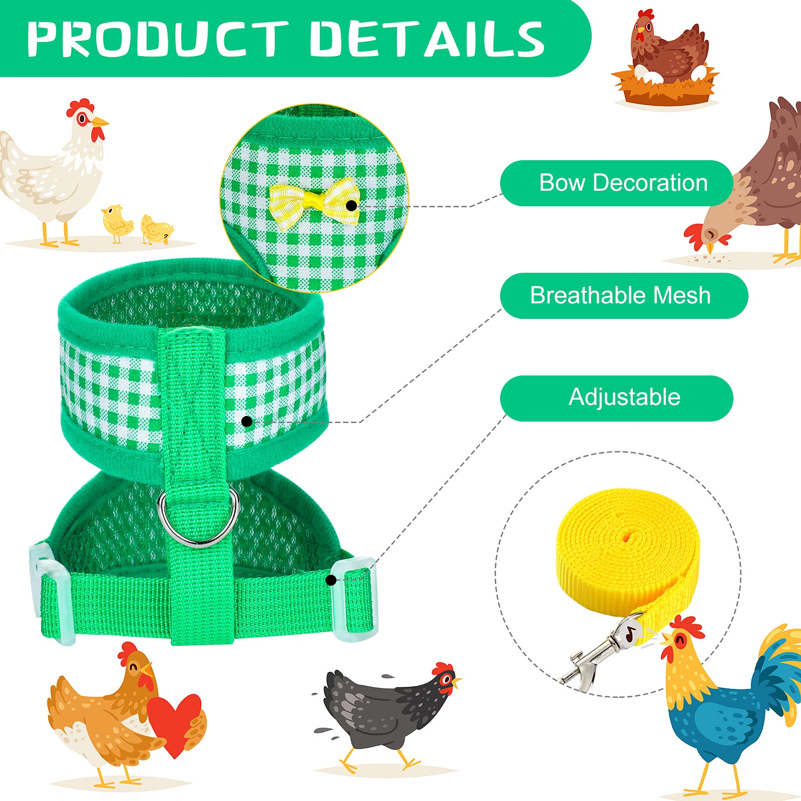 4 Pieces Adjustable Chicken Harness with Leash Elastic Comfortable Small Size Hen Vest with Matching Belt Breathable Fruit Print