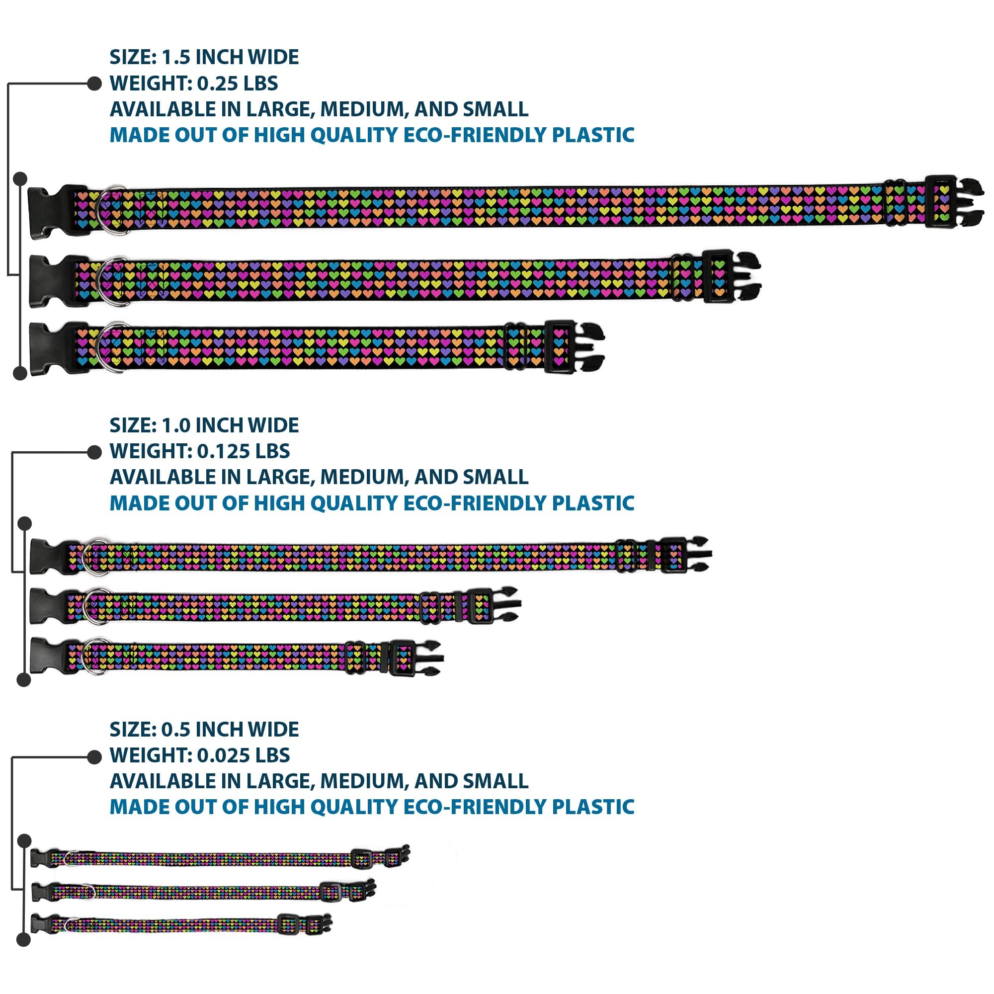 Buckle-Down Plastic Clip Collar - Mini Hearts Black/Multi Neon - 1.5 Wide - Fits 16-23 Neck - Medium