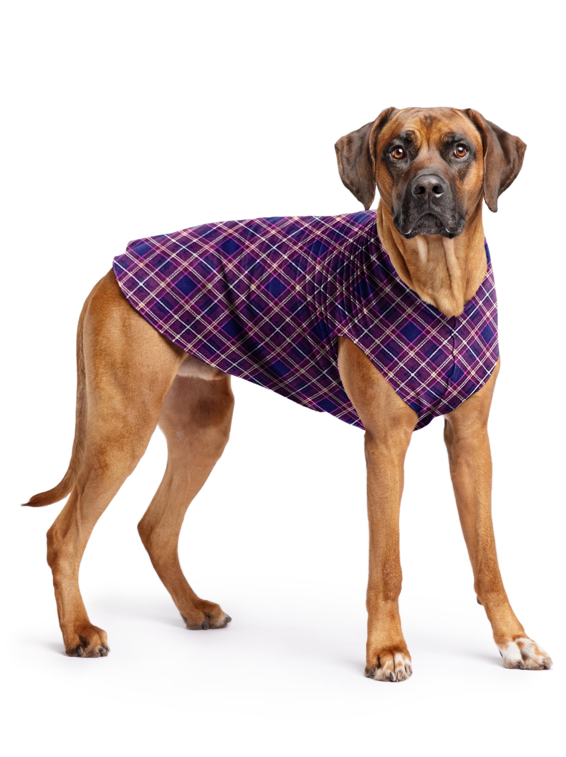Gold Paw Stretch Fleece Dog Coat, Stretchy Pet Sweater, Machine Washable Pullover For Winter And Fall, Mulberry Plaid, 26