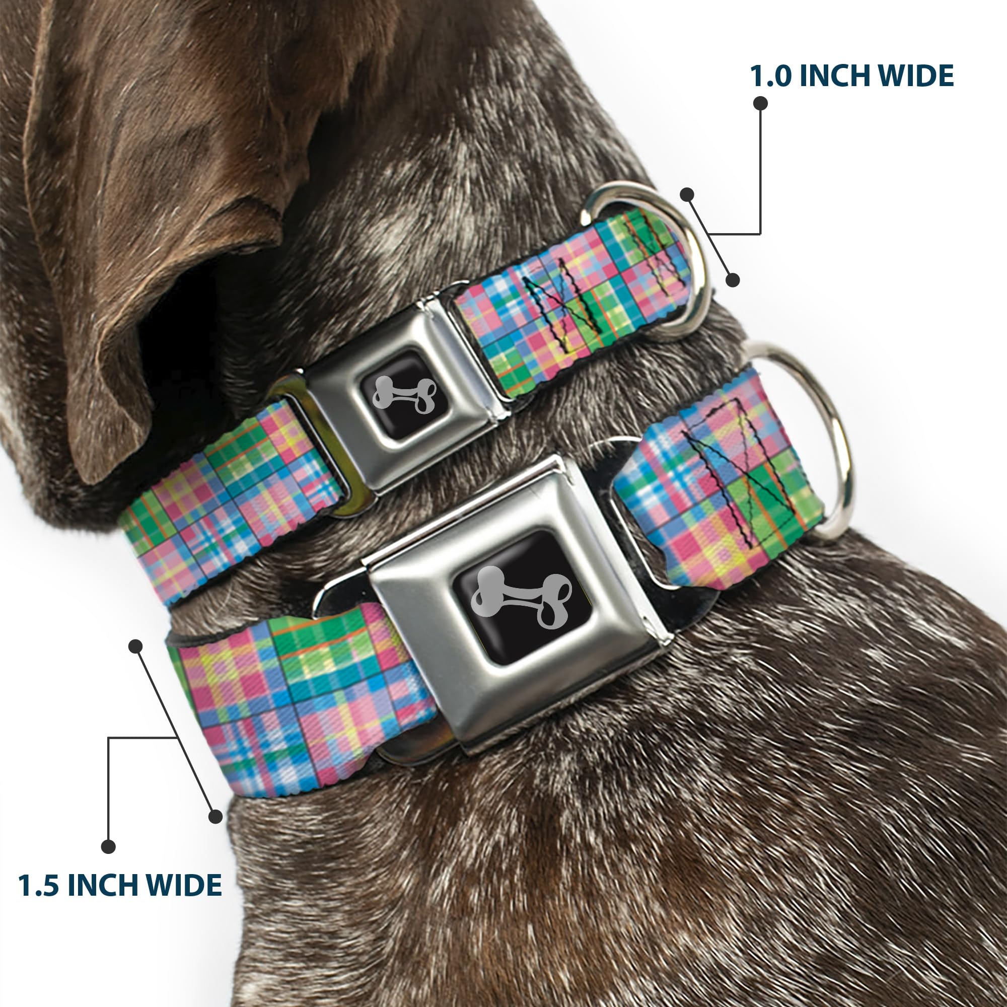 Buckle-Down Seatbelt Buckle Dog Collar - Madras Plaid Pink - 1' Wide - Fits 15-26' Neck - Large