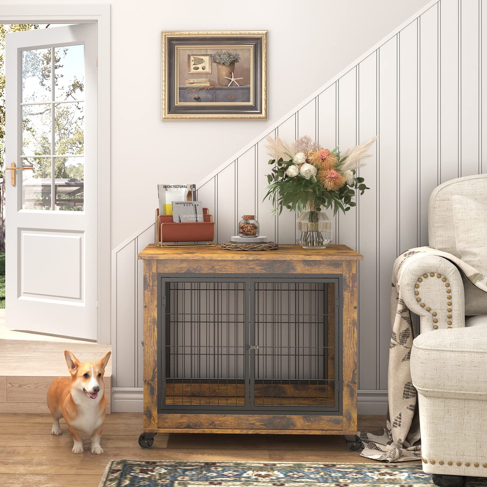 Ichbingo Dog Crate Furniture, Wooden Dog Crate Table, 31.5' Dog Kennel With 3 Doors, Flip-Up Top Opening And Wheels, Decorative Pet Crate Dog House For Medium/Small Dog Indoor Use (Rustic Brown)