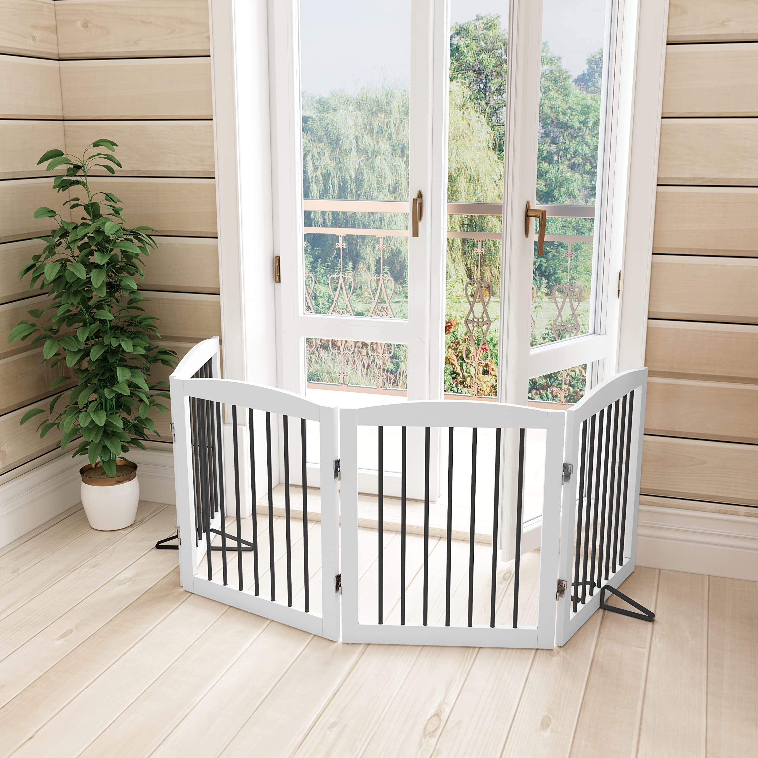 PUPETPO Freestanding Pet Gate for Dogs, Foldable Wooden Dog Gate for House, Indoor Dog Gate for Stair, Doorway, Gates for Dogs I