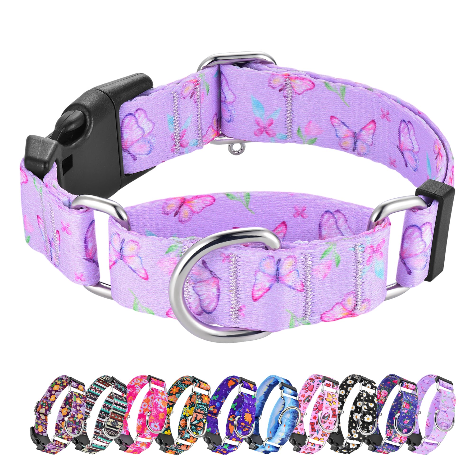 Hikiko Martingale Collar For Dogs Purple Butterfly Nylon Dog Collars With Buckle For Cute Girl Small Medium Large Dogs(Purple Bu