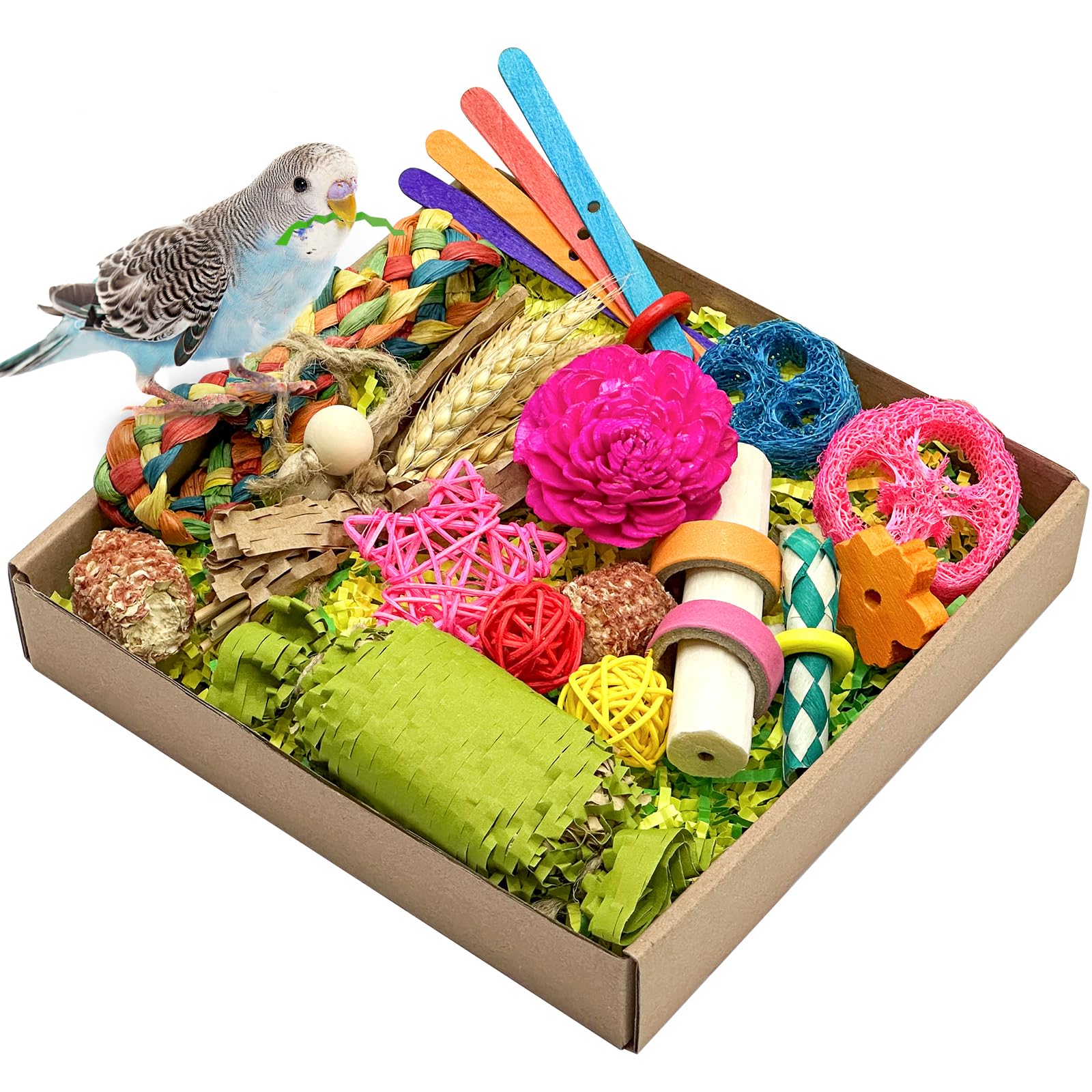 LOPERDEVE Natural Bird Toy Foraging Parrot Shredding Toys Box Conure Chewing Toys for Cockatiel Lovebird Parakeet Budgie Small-M