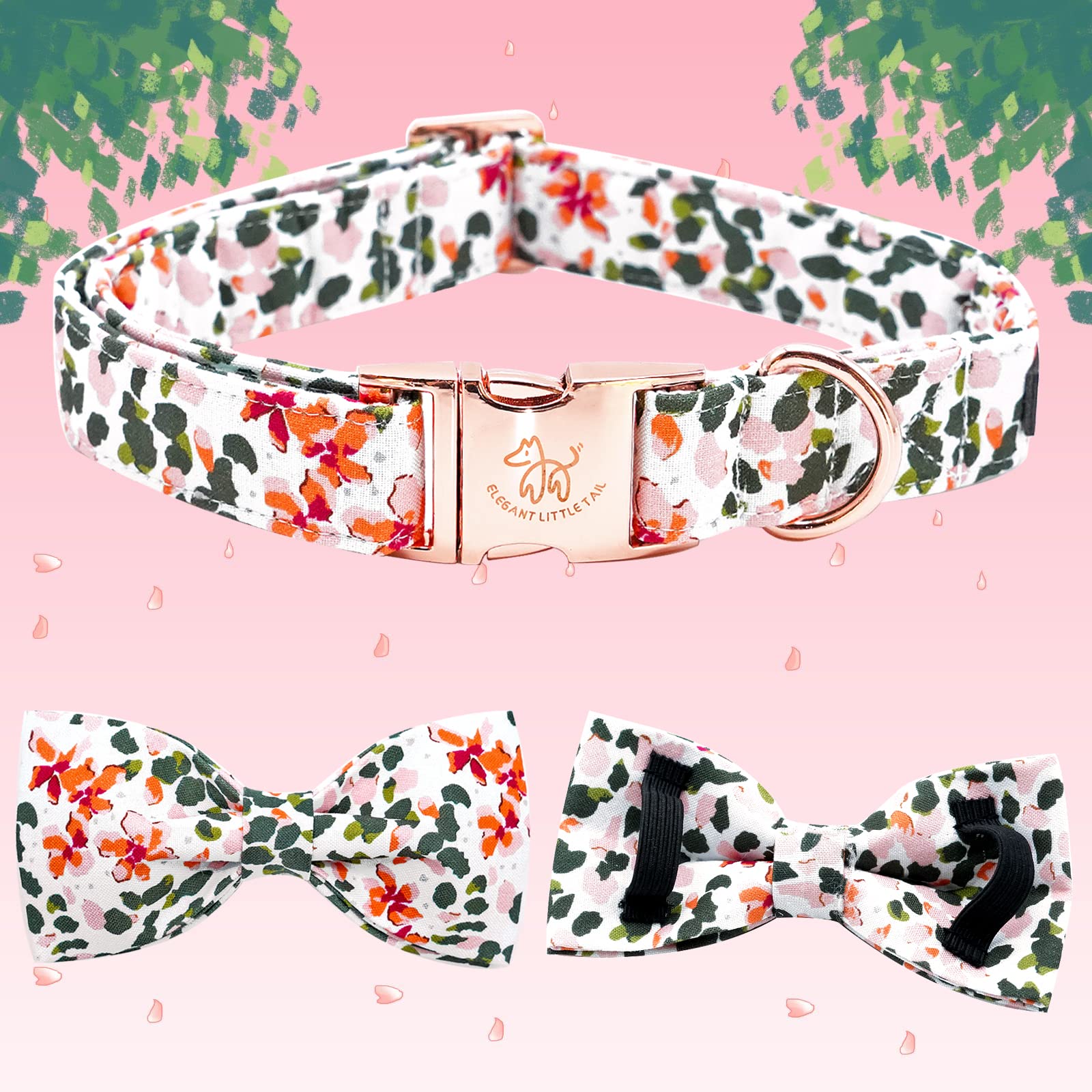 Elegant little tail Dog Collar, Dog Collar with Bowtie, Spring Flower Cute Pink Pet Collar Bow Dog Collars Gift Adjustable Dog C