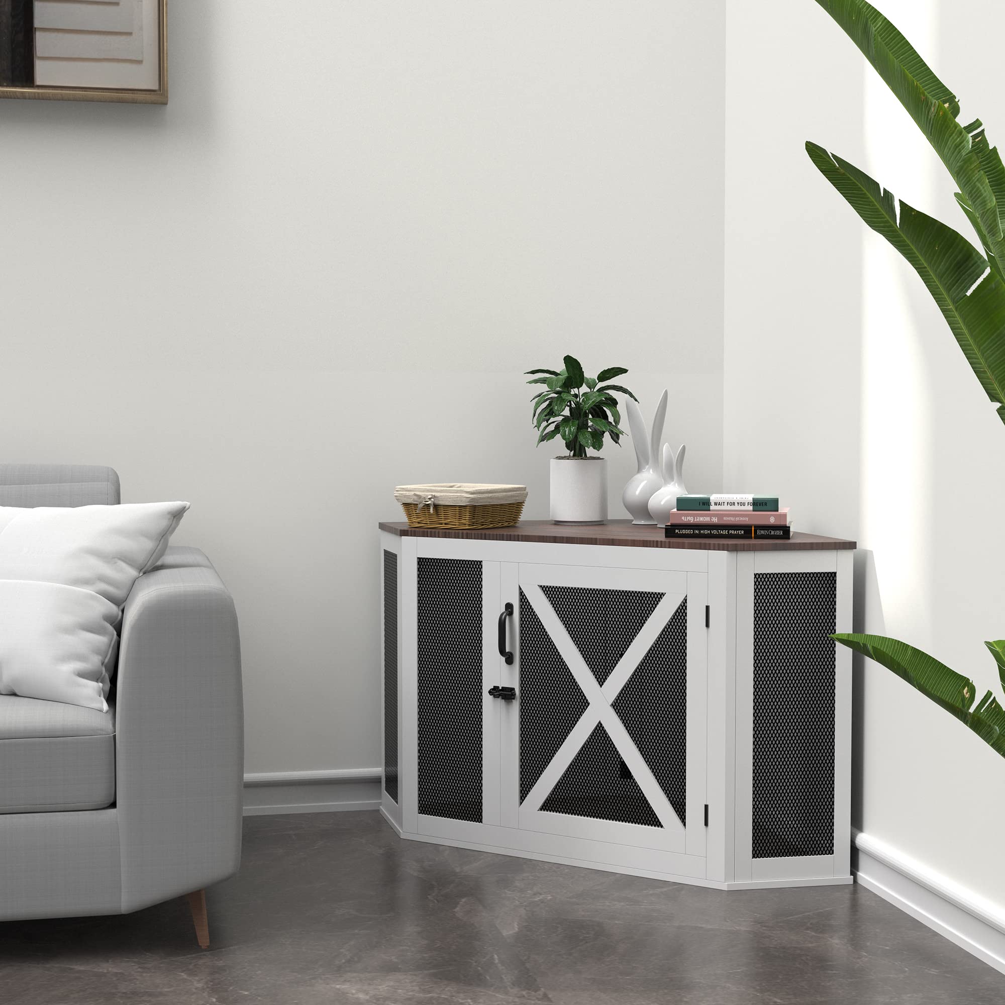 Xilingol Wooden Dog Crate Furniture, Decorative End Table with Mesh, 26.3" x 44.5" x 23.4" for Small to Large Dogs, Indoor Use