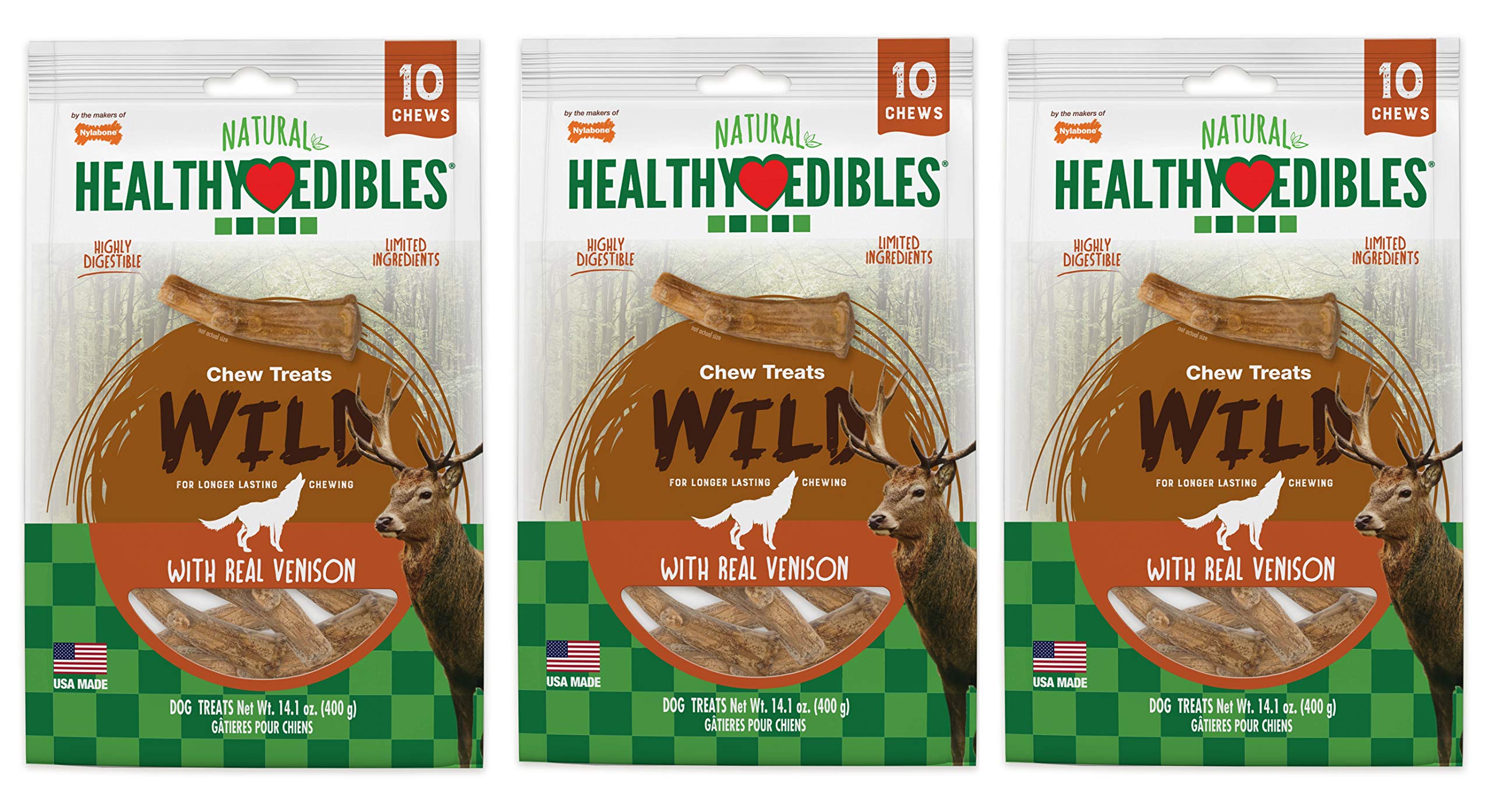 Nylabone 3 Pack of Healthy Edibles Antler Chew Treats, 10 Count Each, with Real Venison