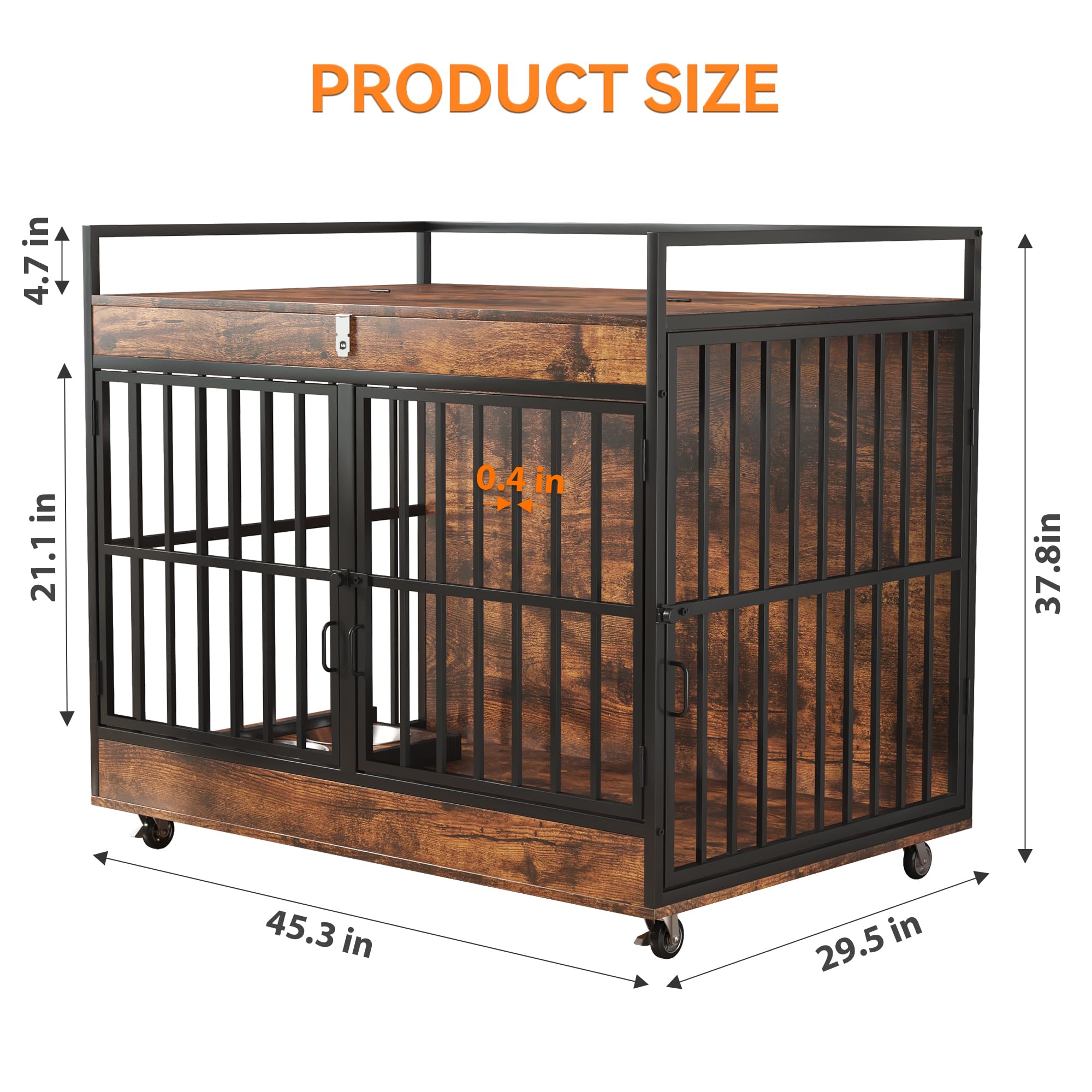 45 Inch Dog Crate Furniture for Large Dog with 2 Stainless Steel Bowls, Large Wooden Dog Crate Table, XL Heavy Duty Dog Kennel I
