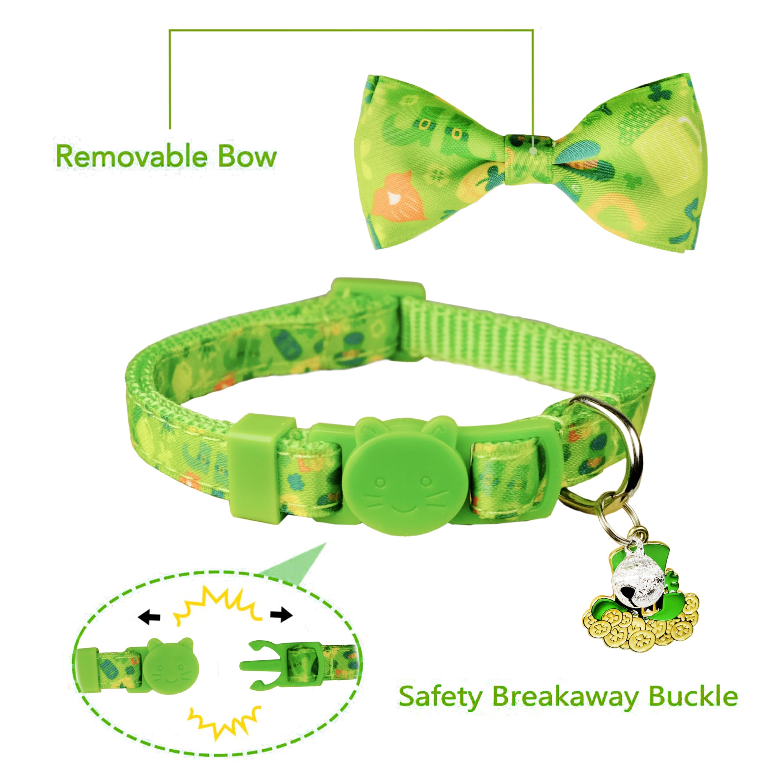St. Patrick'S Day Cat Bow Tie Collar, 2-Pack Adjustable Breakaway Collars With Lucky Charms, Shamrocks, And Irish Patterns For C