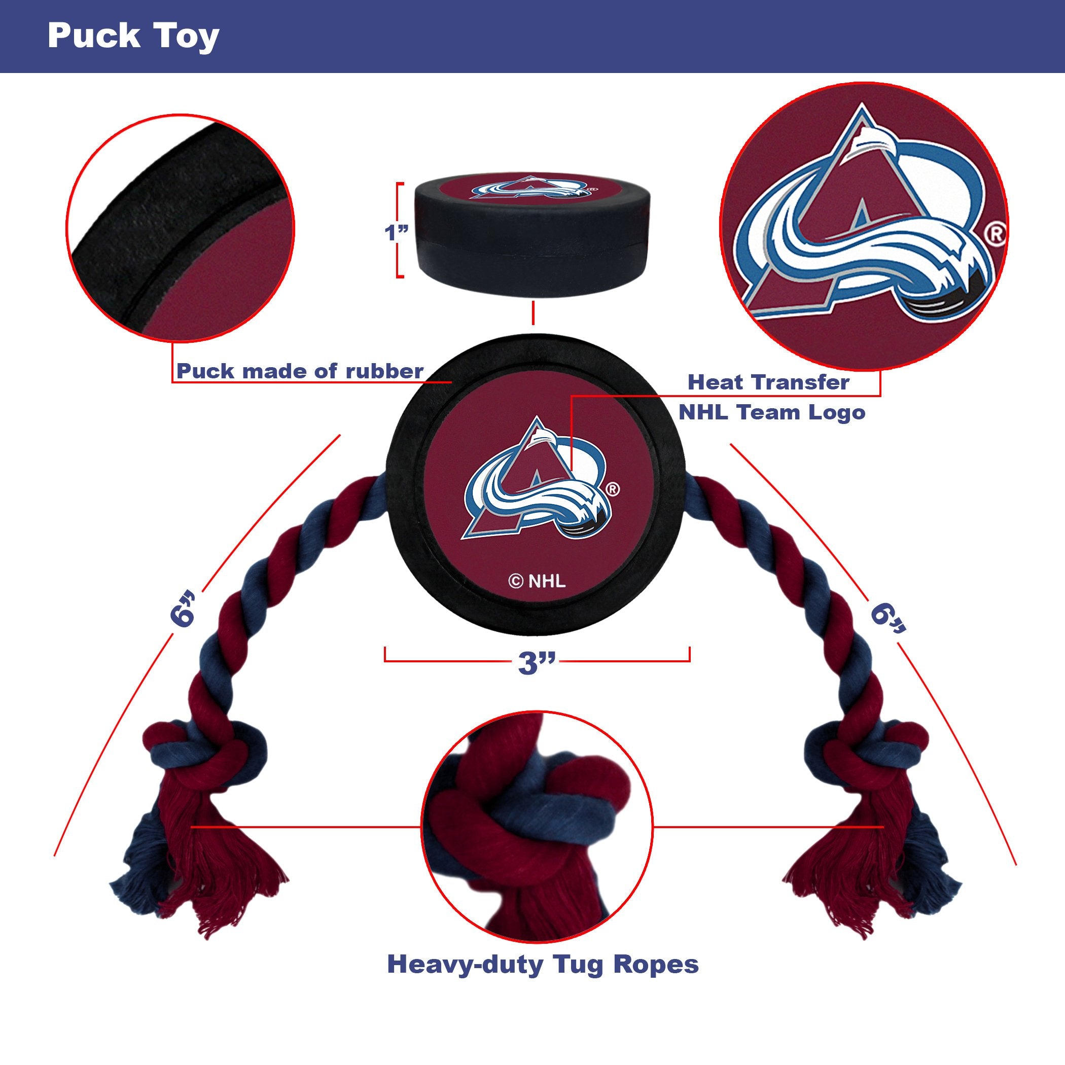 Pets First Dog Rubber Toy With Heavy-Duty Rope Tug, Nhl Colorado Avalanche Puck Toy For Dogs & Cats - Play Hockey With Your Pet!