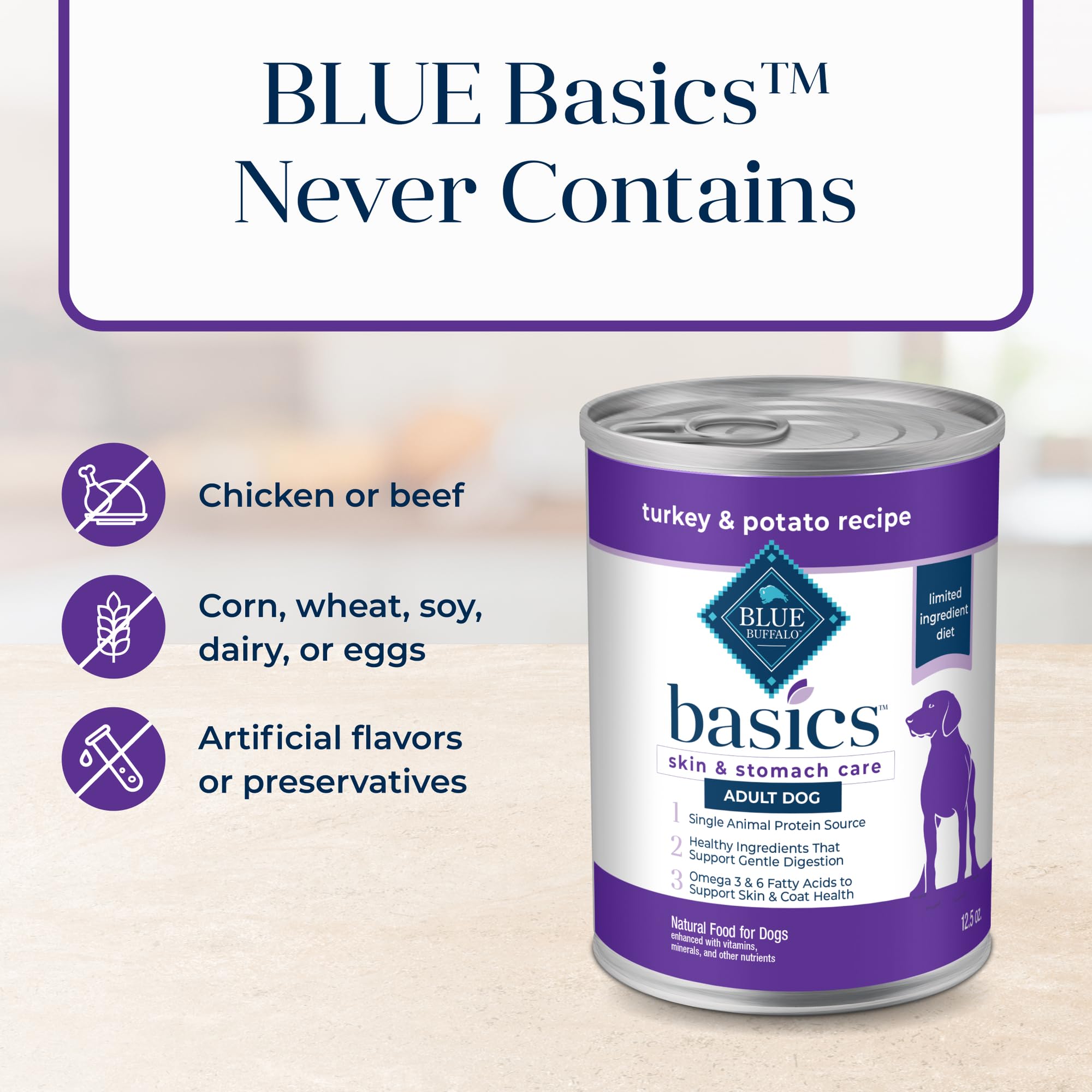 Blue Buffalo Basics Grain-Free Adult Wet Dog Food, Skin & Stomach Care, Limited Ingredient Diet, Turkey Recipe, 12.5-oz Can, 12