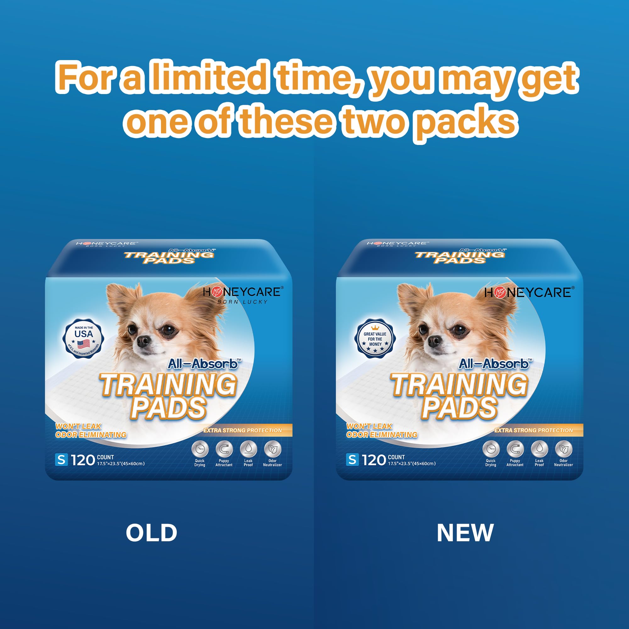 Honey Care All-Absorb, Small 17.5' X 23.5', 120 Count, Dog And Puppy Training Pads, Ultra Absorbent And Odor Eliminating, Leak-Proof 5-Layer Potty Training Pads With Quick-Dry Surface, Blue, A05