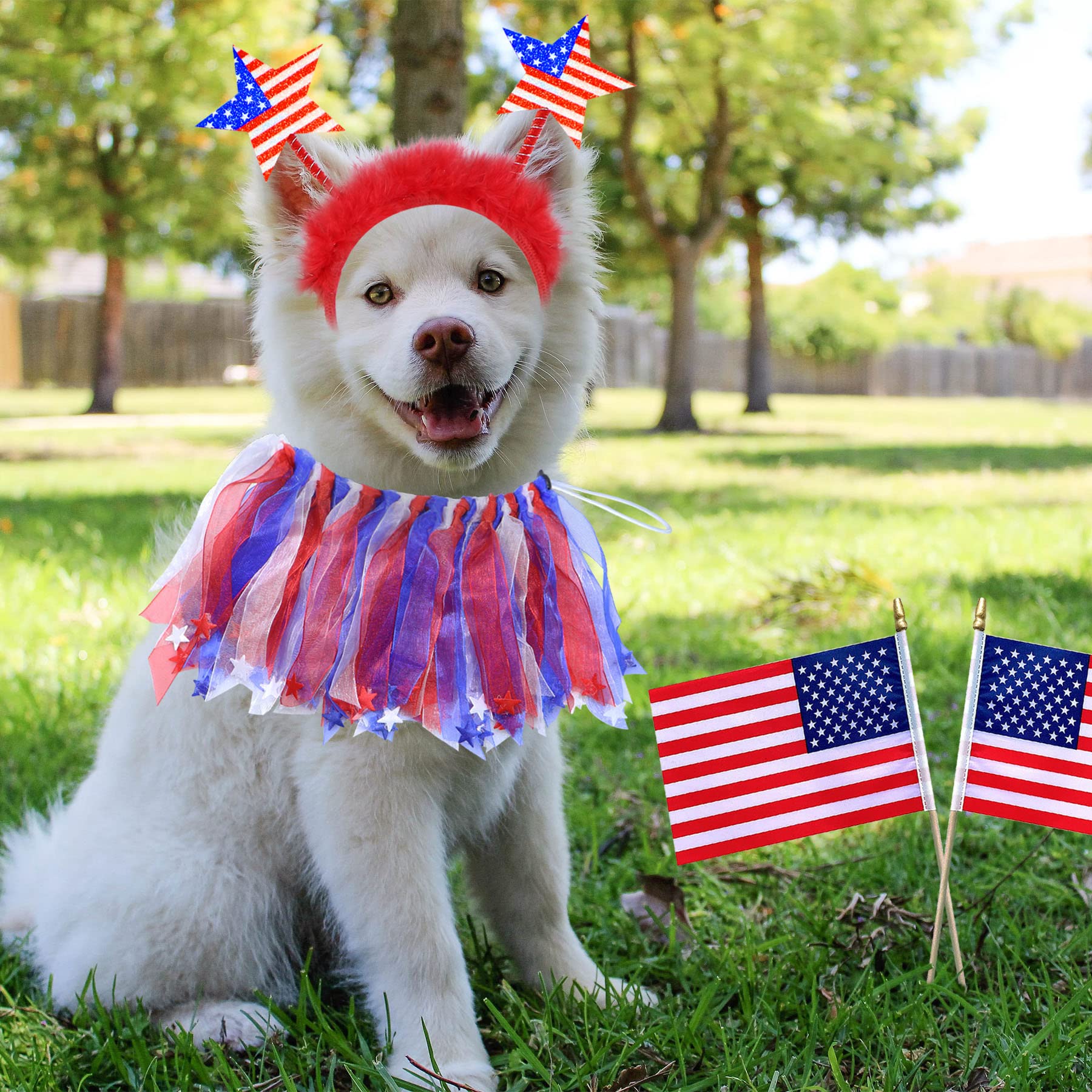 Goyoswa 2 Pcs Dog 4Th Of July Outfit, 4Th Of July Dog Clothes American Flag Star Dog Headband, Dog Collar With Red White And Blu