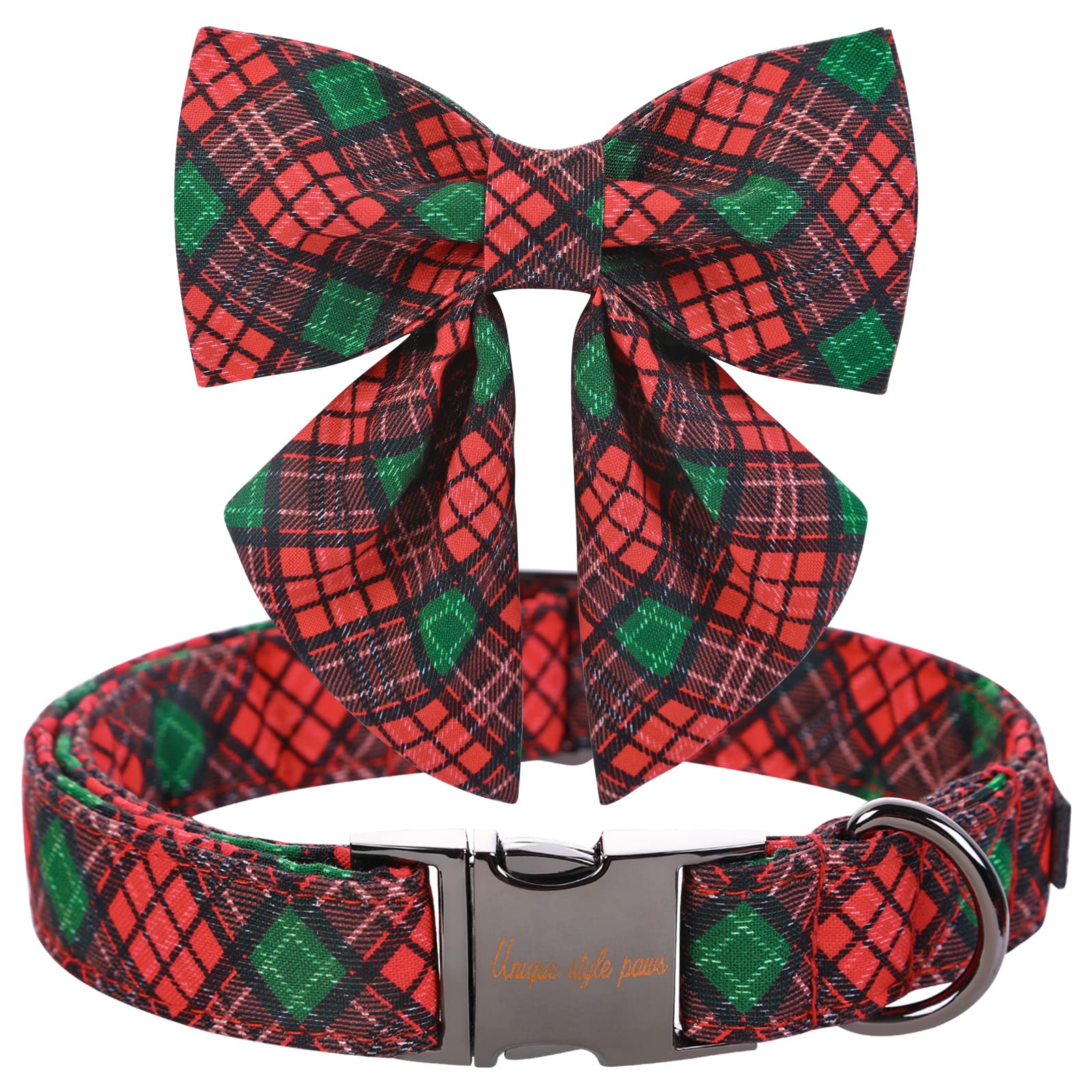 Unique Style Paws Christmas Dog Collar With Tie Red Green Plaid Adjustable Cotton Puppy Collar For Small Medium Large Dogs-S