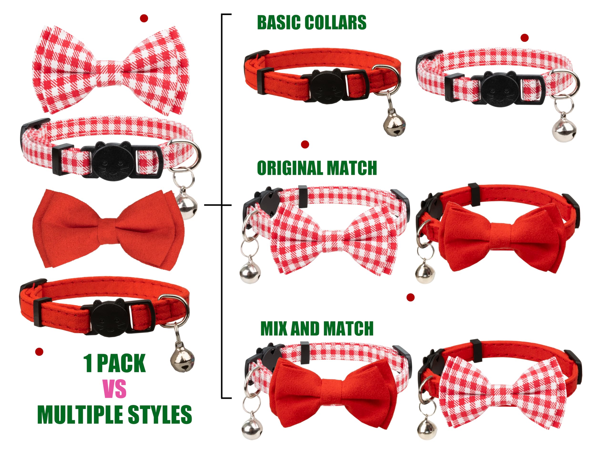 Gyapet Cat Collar Breakaway With Bell Boy Girl Kitten Bow Tie Safety Plaid Solid Color Set Cute Soft Summer [2Pcs] Red