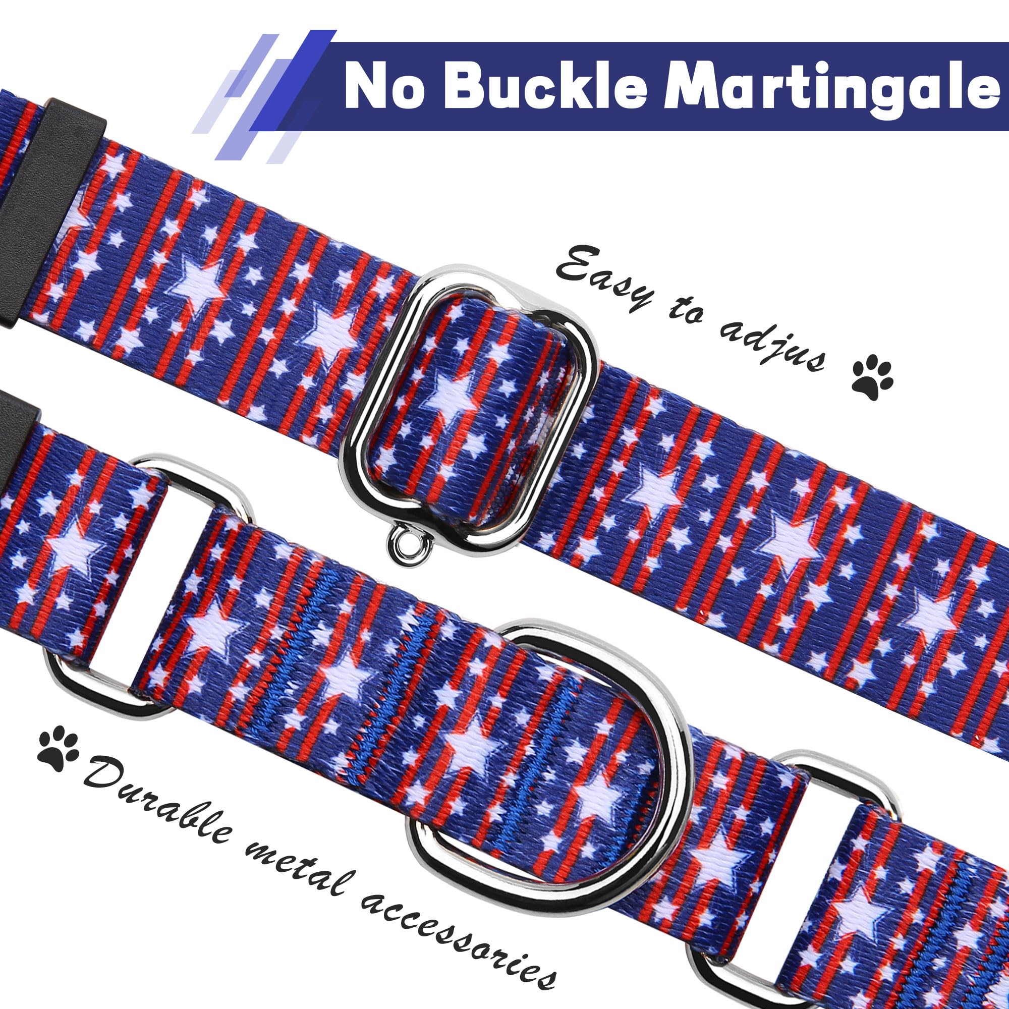Hikiko American Flag Martingale Collar With No Buckle Soft Nylon Dog Collar For Large Dogs,Blue Star Stripe,L