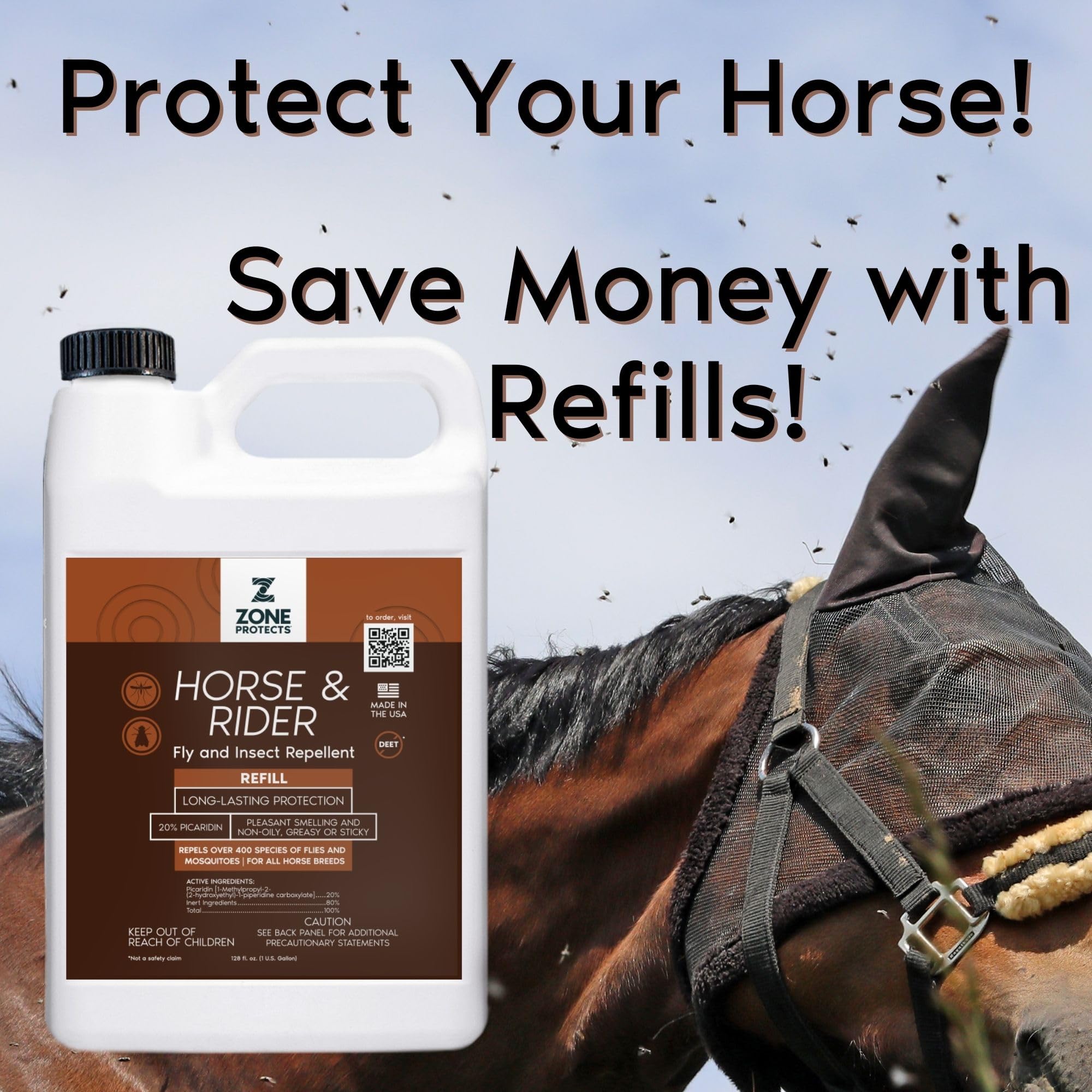 Zone Protects Horse & Rider Fly Insect Repellent; Gallon Refill; Picaridin Based; 12-Hr Protection Against 400 Fly Species; Ligh