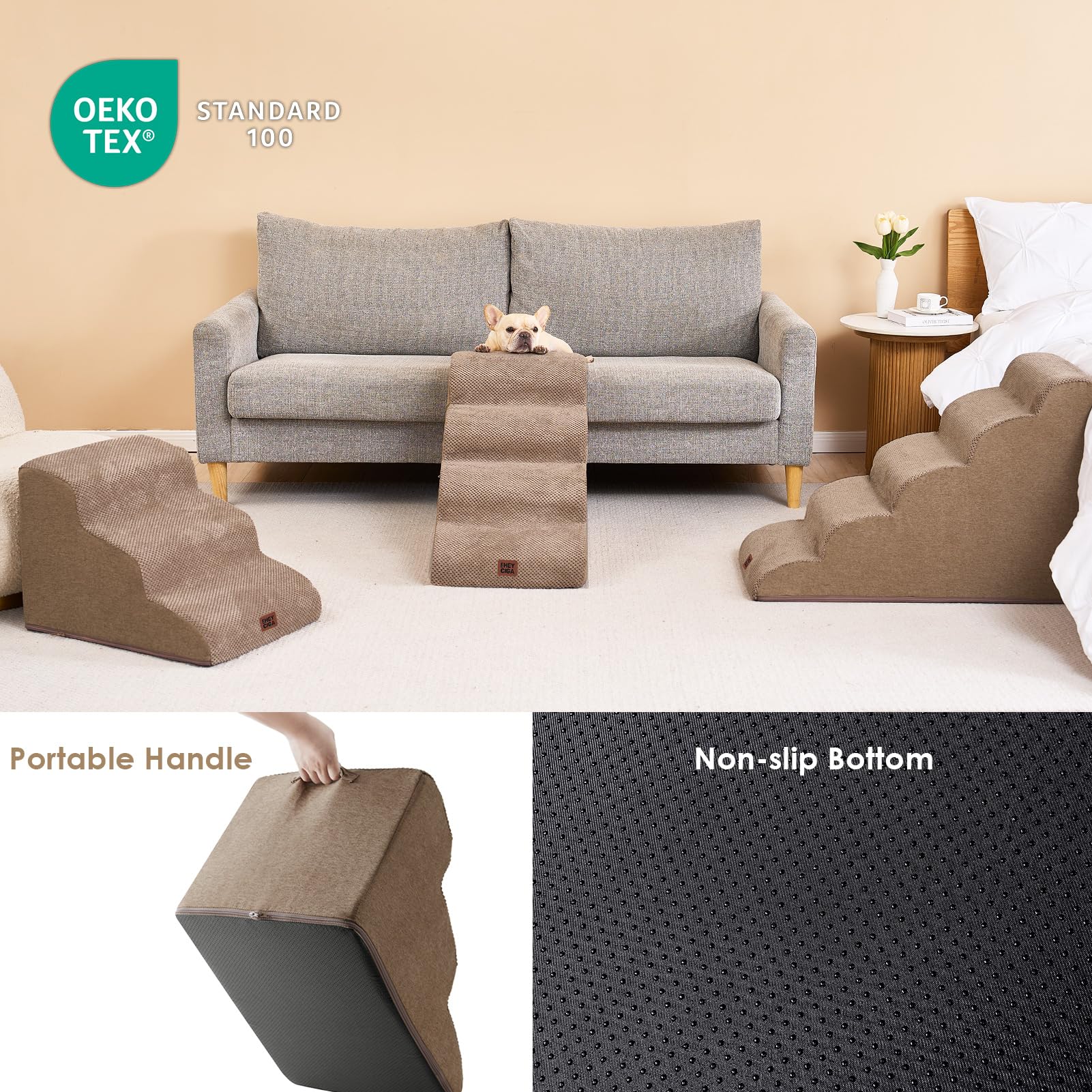 Eheyciga Curved Dog Stairs Ramp For High Beds 19.7' H, 4-Step Dog Steps For Small Dogs And Cats, Pet Stairs For High Bed Climbing, Non-Slip Balanced Pet Step Indoor, Camel