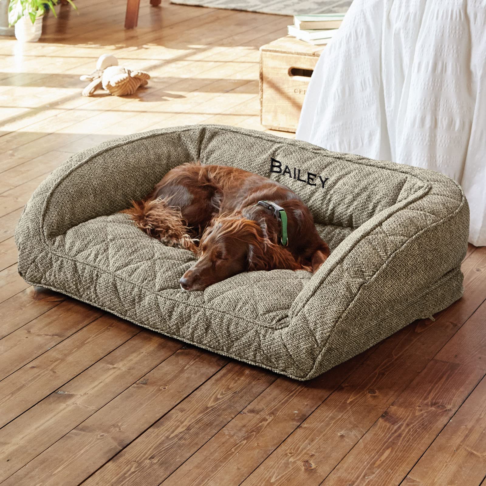 Orvis Comfortfill-Eco Bolster Dog Bed - Plush Rectangular Dog Beds With Three-Sided Bolster For Leaning, Charcoal Chev - Small