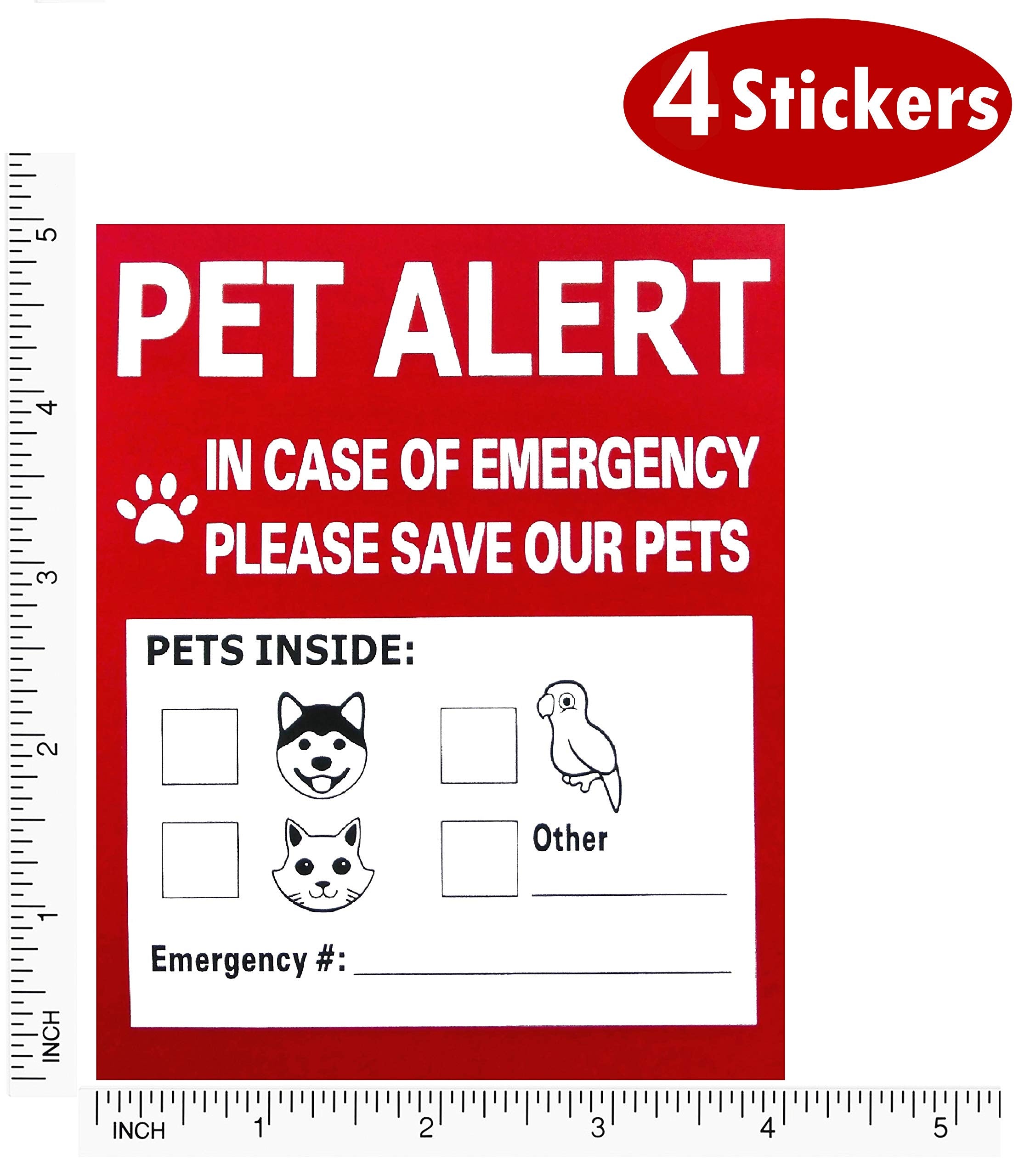 Pet Alert Safety Fire Rescue Sticker - 4 Pack,In Case Of Fire Notify Rescue Personnel To Save Pets