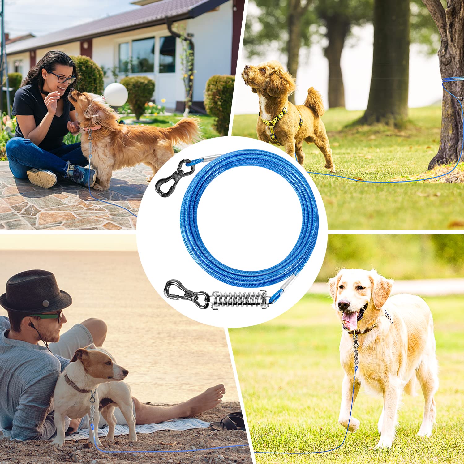 Tresbro 50 Ft Dog Tie Out Cable, Heavy Duty Dog Chains For Outside With Spring Swivel Lockable Hook, Pet Runner Cable Leads For Yard, Blue Dog Line Tether For Small Medium Large Dogs Up To 500 Lbs