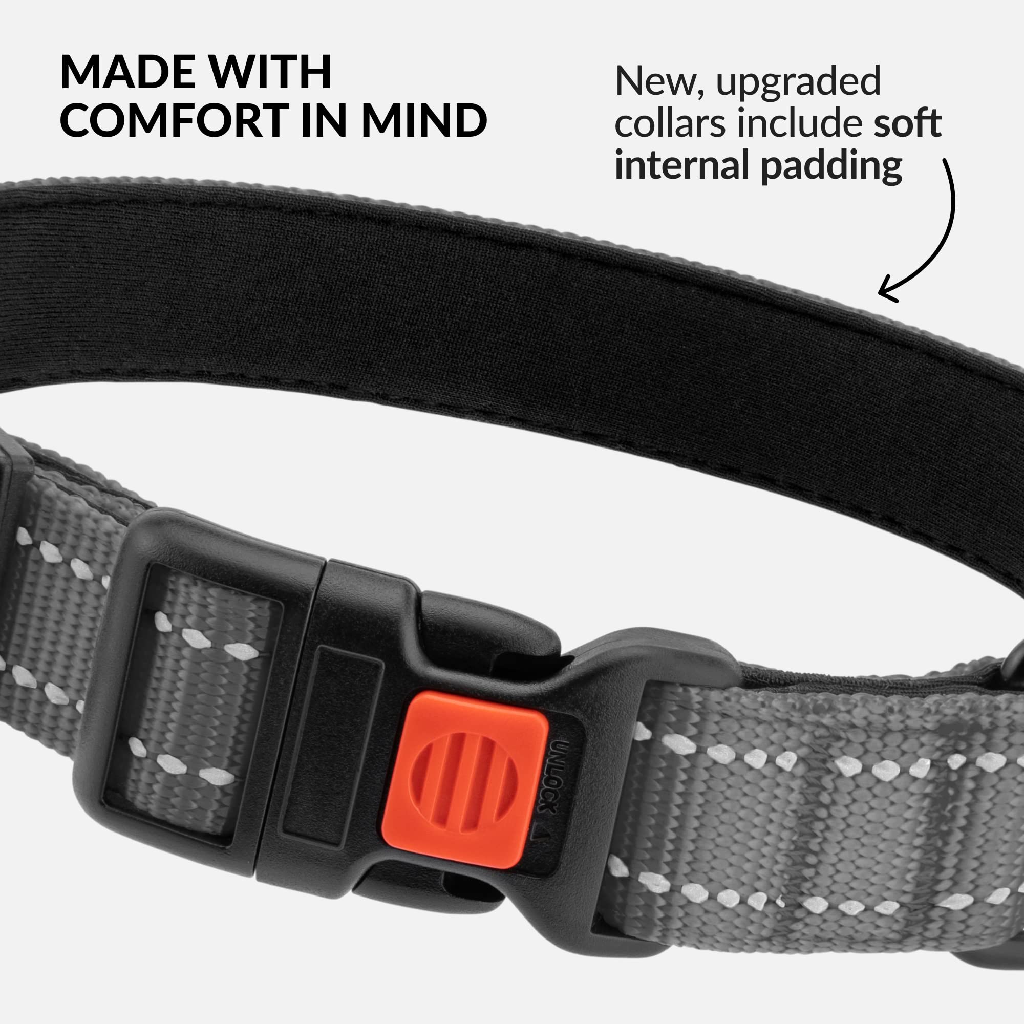 Collardirect Reflective Padded Dog Collar For A Small, Medium, Large Dog Or Puppy With A Quick Release Buckle - Boy And Girl - Nylon Suitable For Swimming (14-18 Inch, Grey)