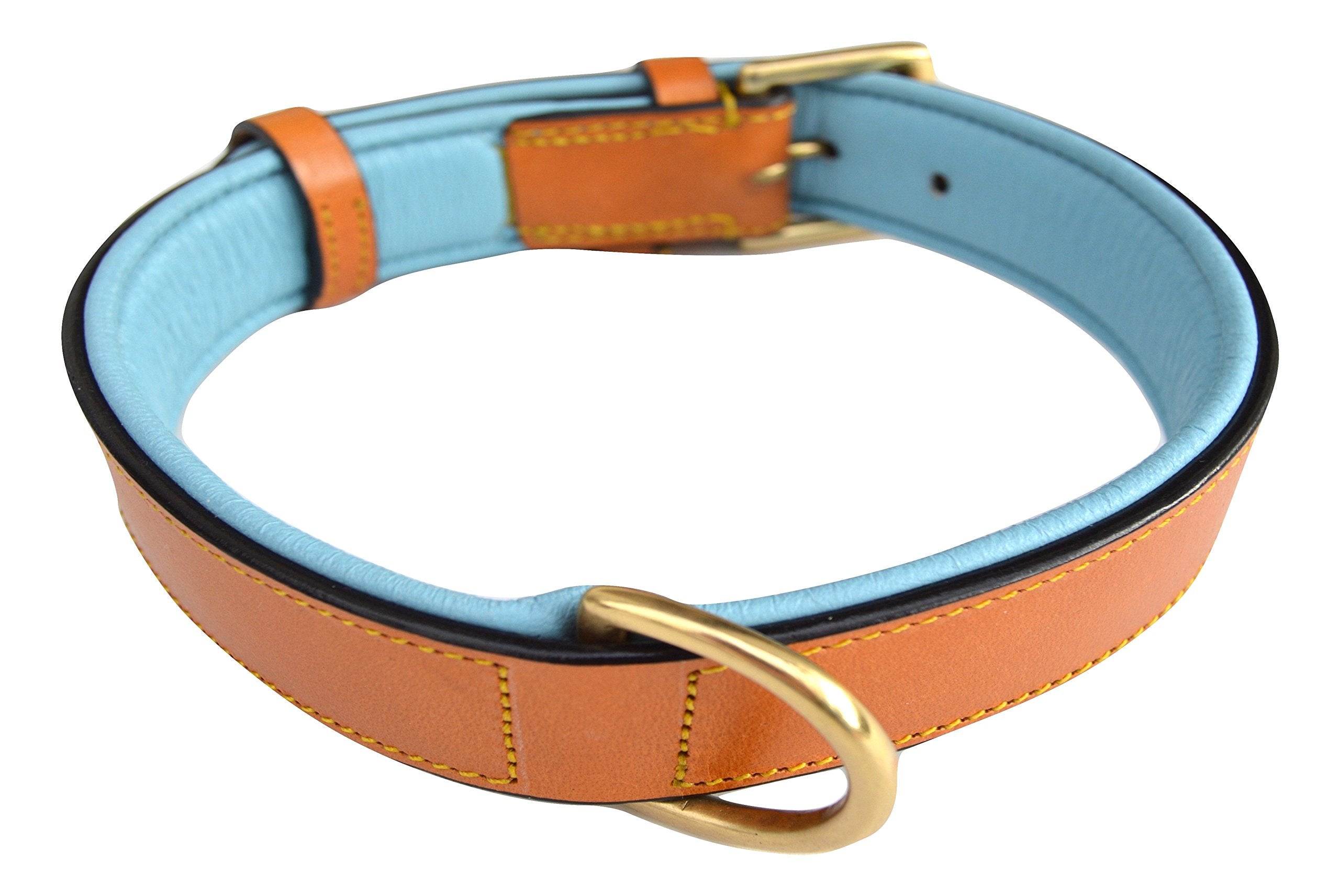 Soft Touch Collars Padded Leather Dog Collar, Medium, 20" Long, Tan/Teal, Neck Size 14.5" to 17.5"