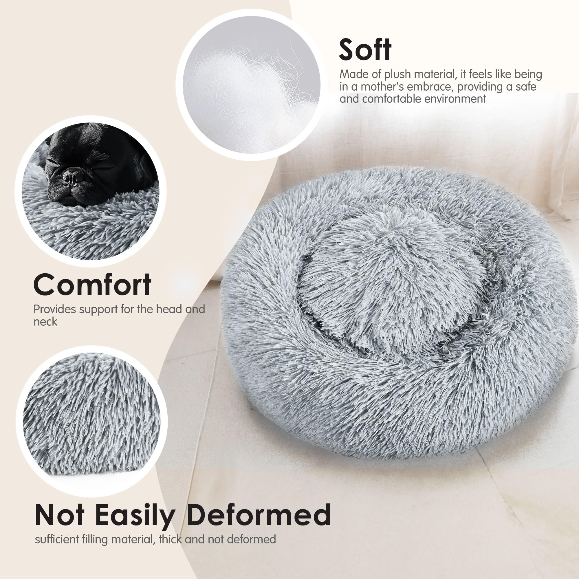 28In Large Dog Bed, Medium Size Dog And Cats, Calming Donut Bed For Puppy And Kitten, Washable Round Fluffy Pet Bed (Light Grey)